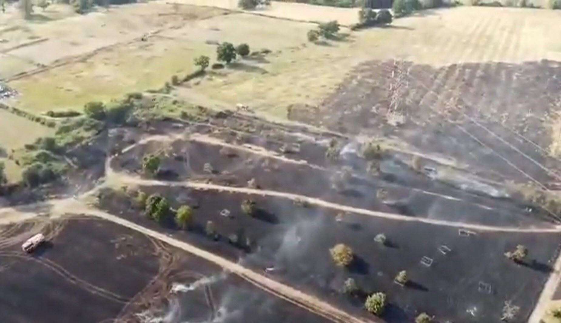 Firefighters urged people not to light fires in the countryside, as drone footage showed a devastating blaze in Hertfordshire (Hertfordshire Fire and Rescue Service/PA)