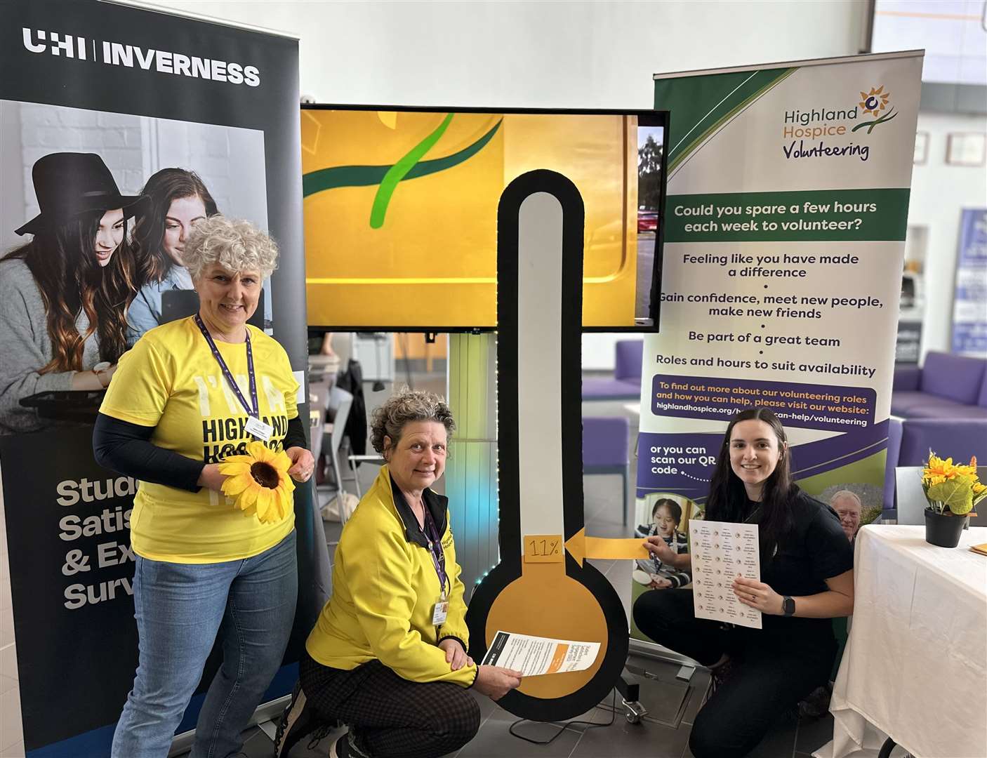 Highland Hospice volunteer manager Maria Cuthbert and youth fundraiser Katie Gibb at the survey launch with UHI Inverness quality officer Aimee Coultas.