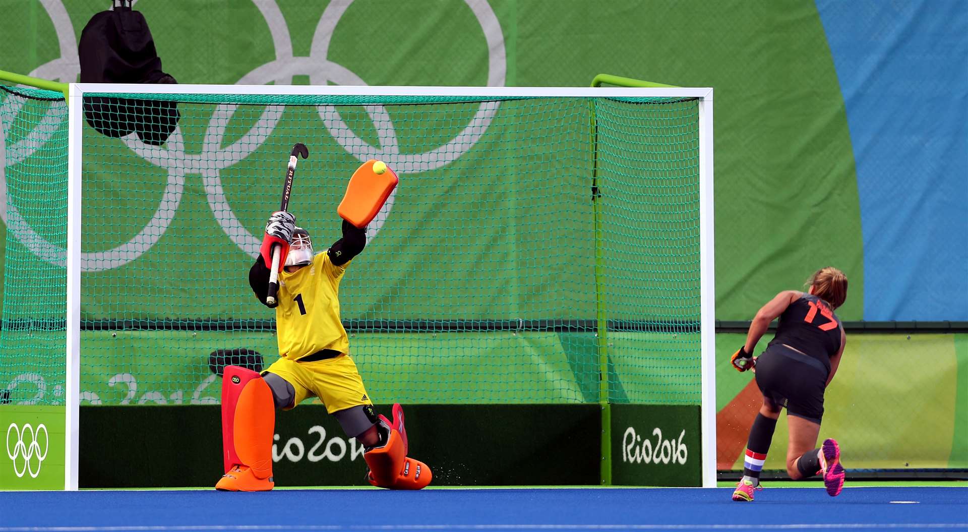 Great Britain’s goalkeeper Maddie Hinch saves a penalty from the Netherlands’ Maartje Paumen during the gold medal match at the Olympic Hockey Centre on the 14th day of the Rio Olympic Games, Brazil (David Davies/PA)