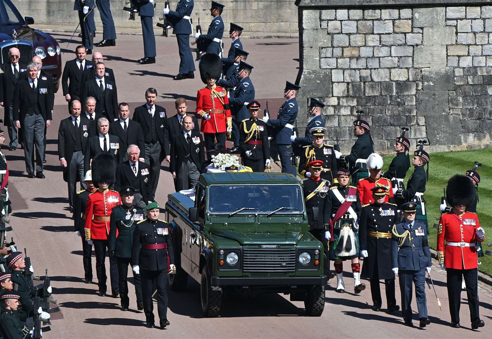 The Duke of Edinburgh’s coffin on his Land Rover hearse (Justin Tallis/PA)