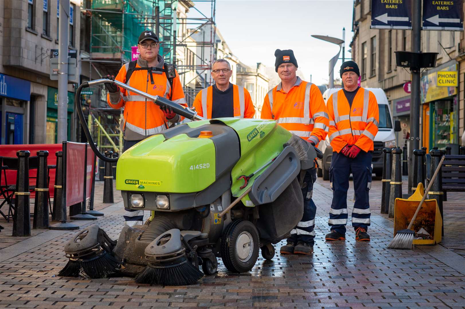 Inverness city centre street cleaners..Alan Graham, manager Mick Hayner, Martin McDougall and .Micke Bryce.