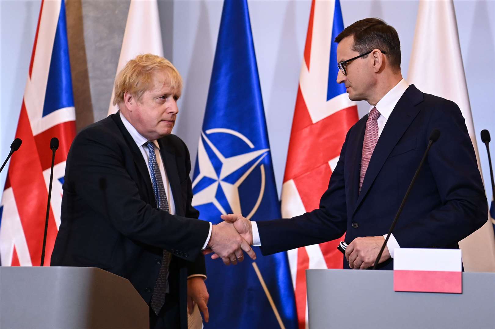 Boris Johnson with Polish counterpart Mateusz Morawiecki in Warsaw (Daniel Leal/PA)