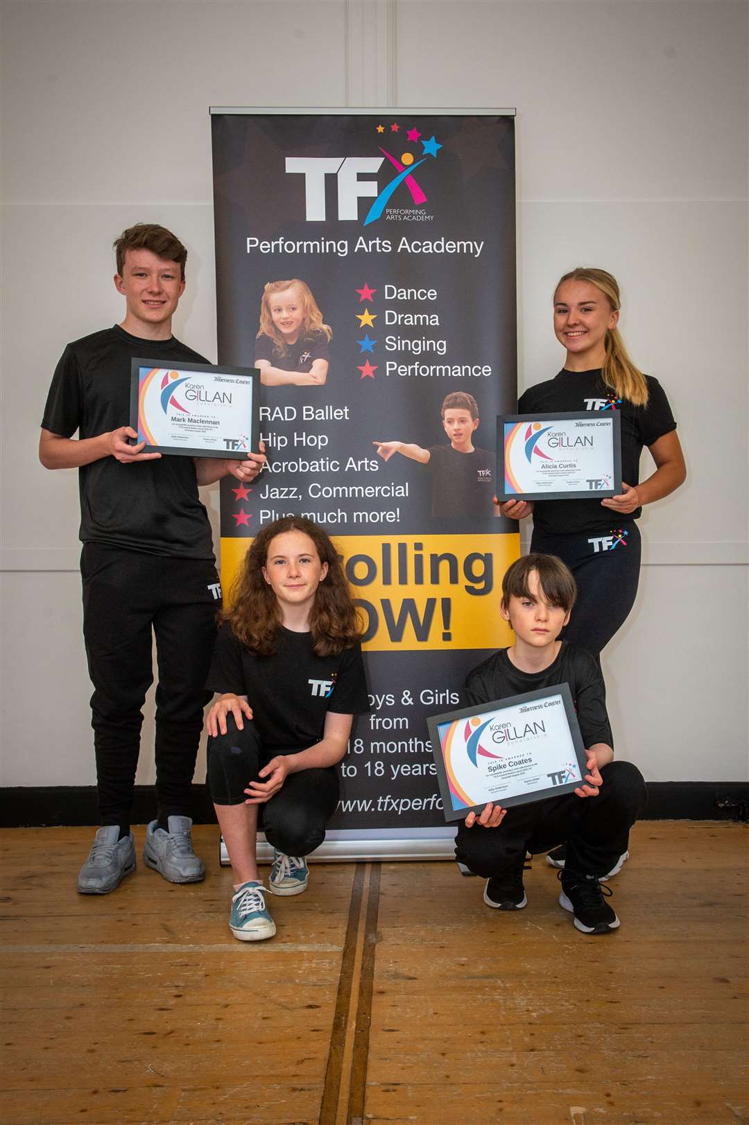 TFX competition winners with their certificates, Old Hall, Inverness...Mark Maclennan, Molly Newell, Spike Coates and Alicia Curtis...Picture: Callum Mackay..