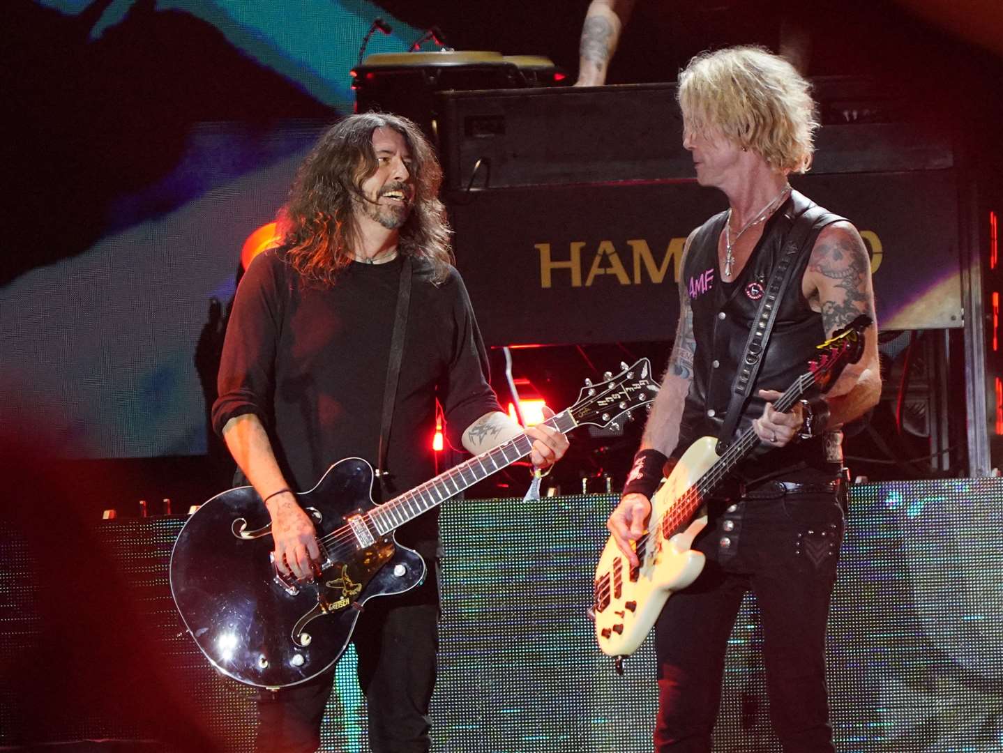 Dave Grohl joins Guns N’ Roses on stage performing on the Pyramid Stage (Yui Mok/PA)