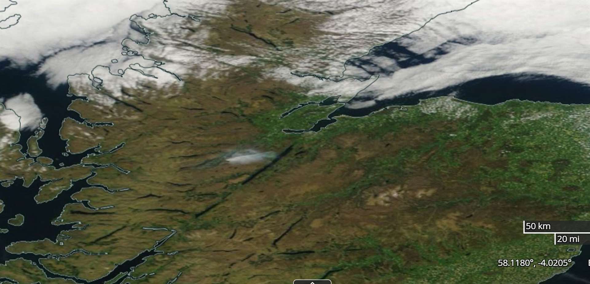 Screenshot from Nasa worldview satellite showing the plume of smoke (centre) from the fire at Cannich, in the hills above Loch Ness in the Highlands, drifting towards the loch on Monday amid clear skies (Nasa/PA)