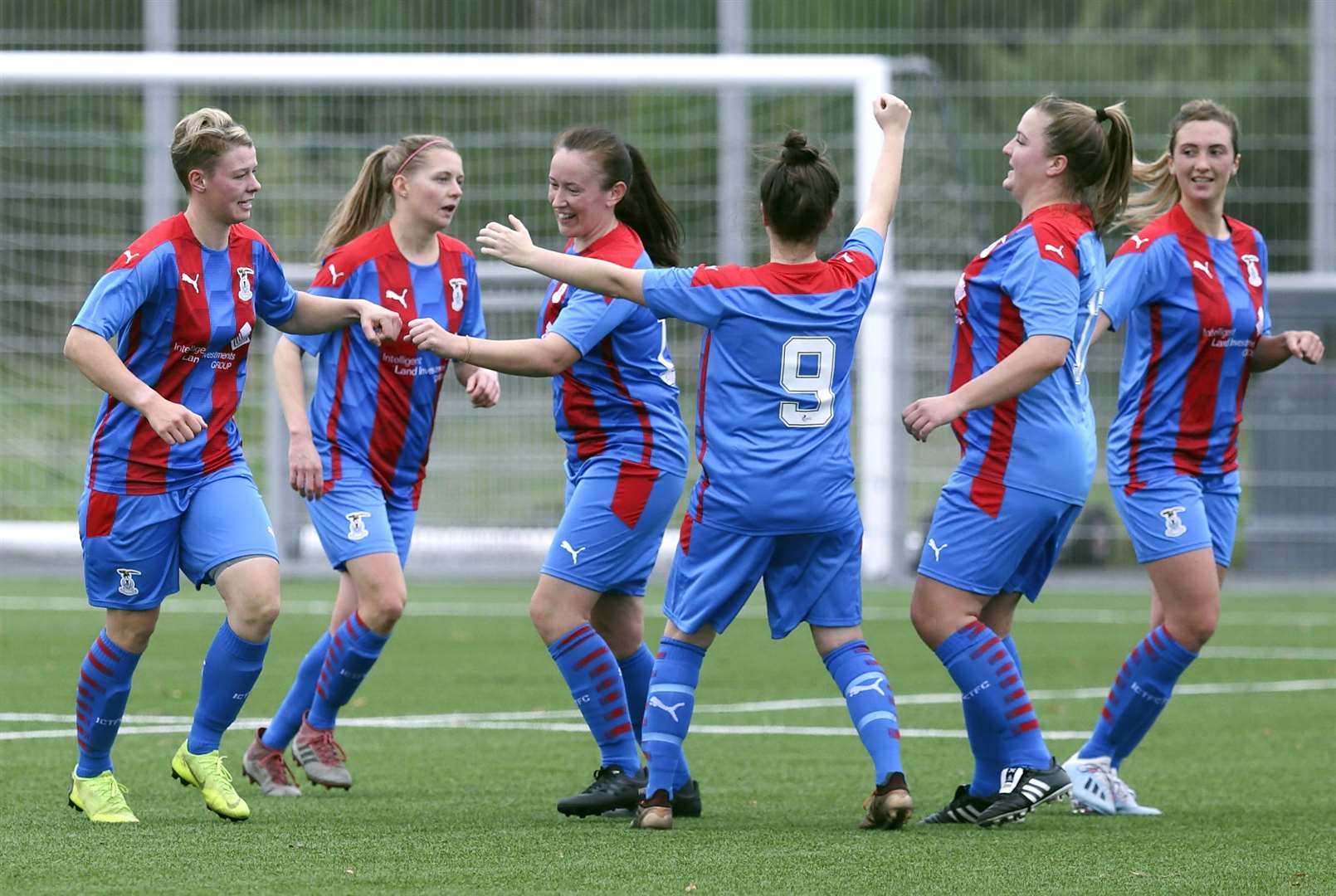 Caley Thistle celebrate after Lorna Macrae (left) scored her third of four goals against Westdyke.