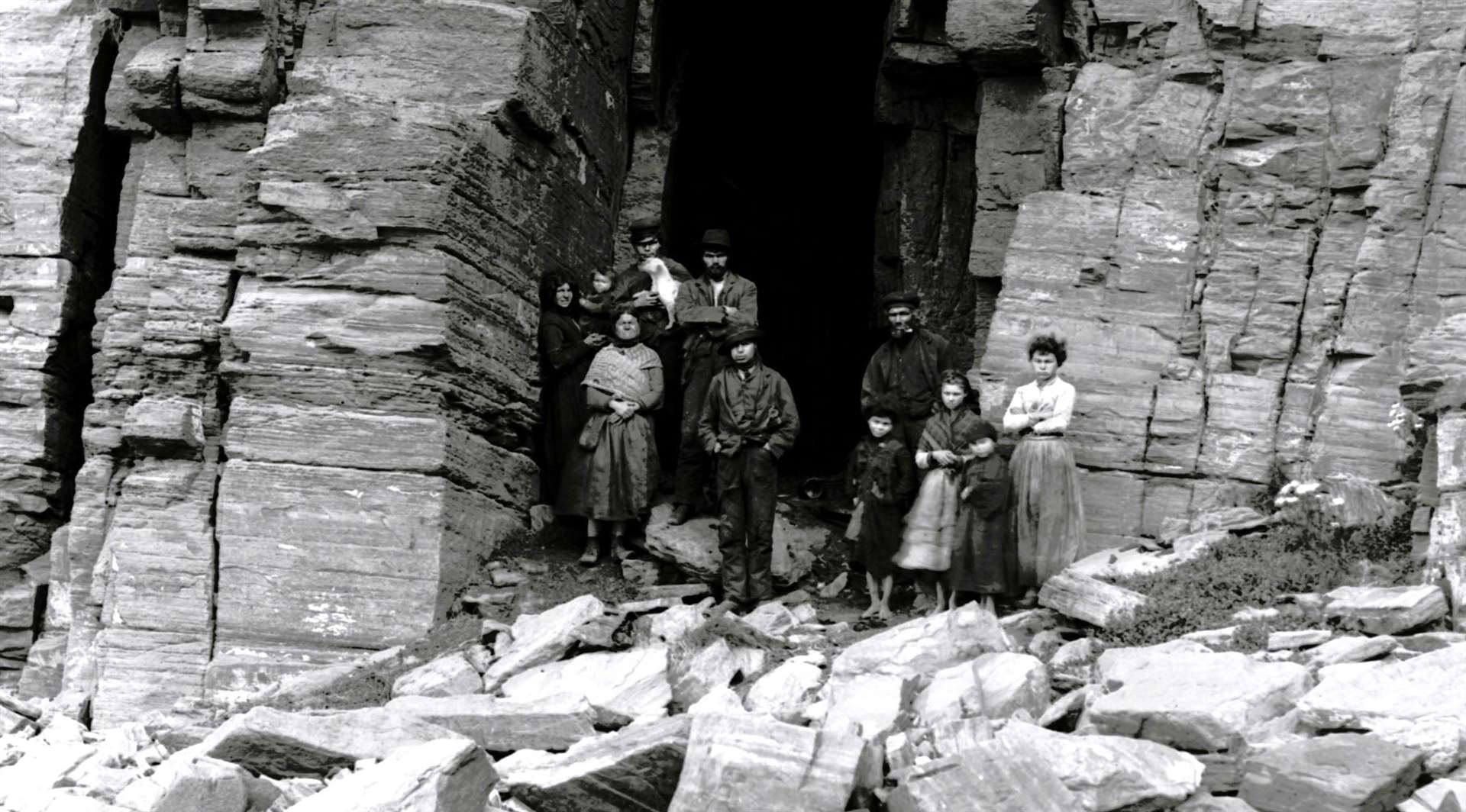 A family at a cave on the north side of Wick Bay c.1900. Prohibitions regarding lighting fires during WWI led to people moving into housing. Picture: The Johnston Collection / Wick Society.