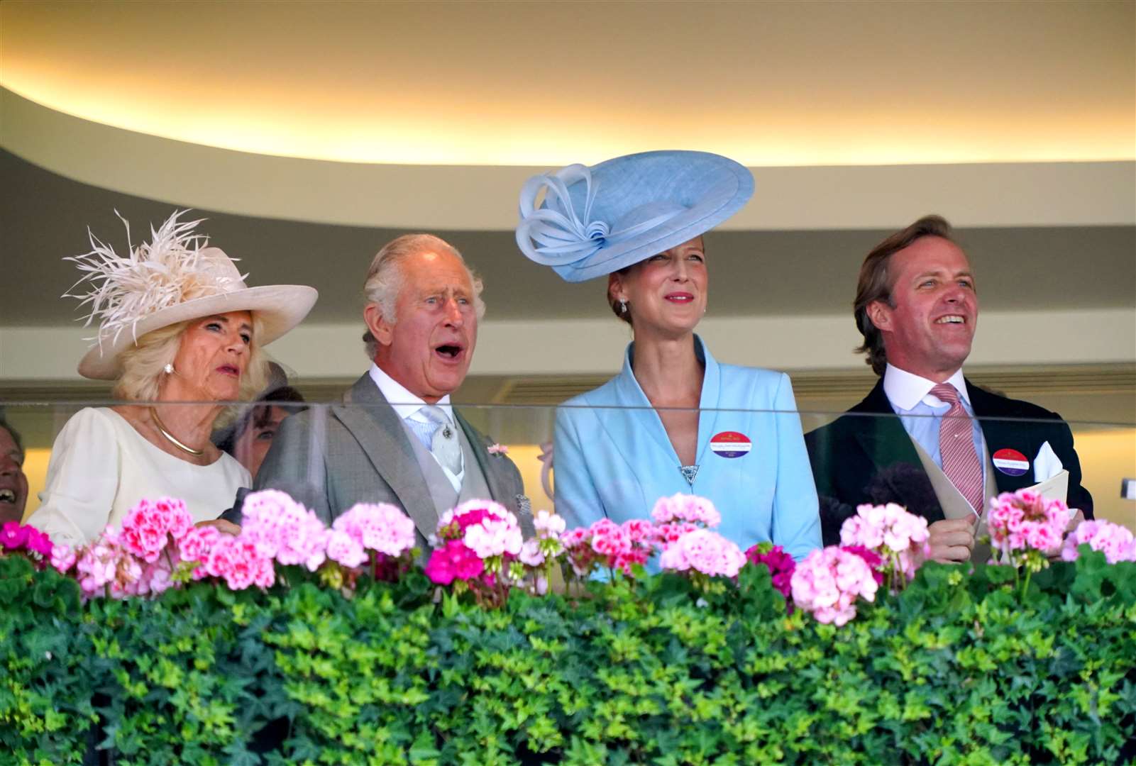 The King, Queen Camilla, Lady Gabriella Kingston and Thomas Kingston watch the Wokingham Stakes from the royal box during day five of Royal Ascot last year (Jonathan Brady/PA)
