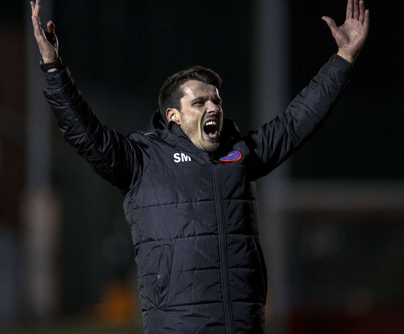 Picture - Ken Macpherson, Inverness. Scottish Cup. Brora Rangers(2) v Hearts(1). 23.03.21. Brora manager Steven MacKay celebrates at the end.