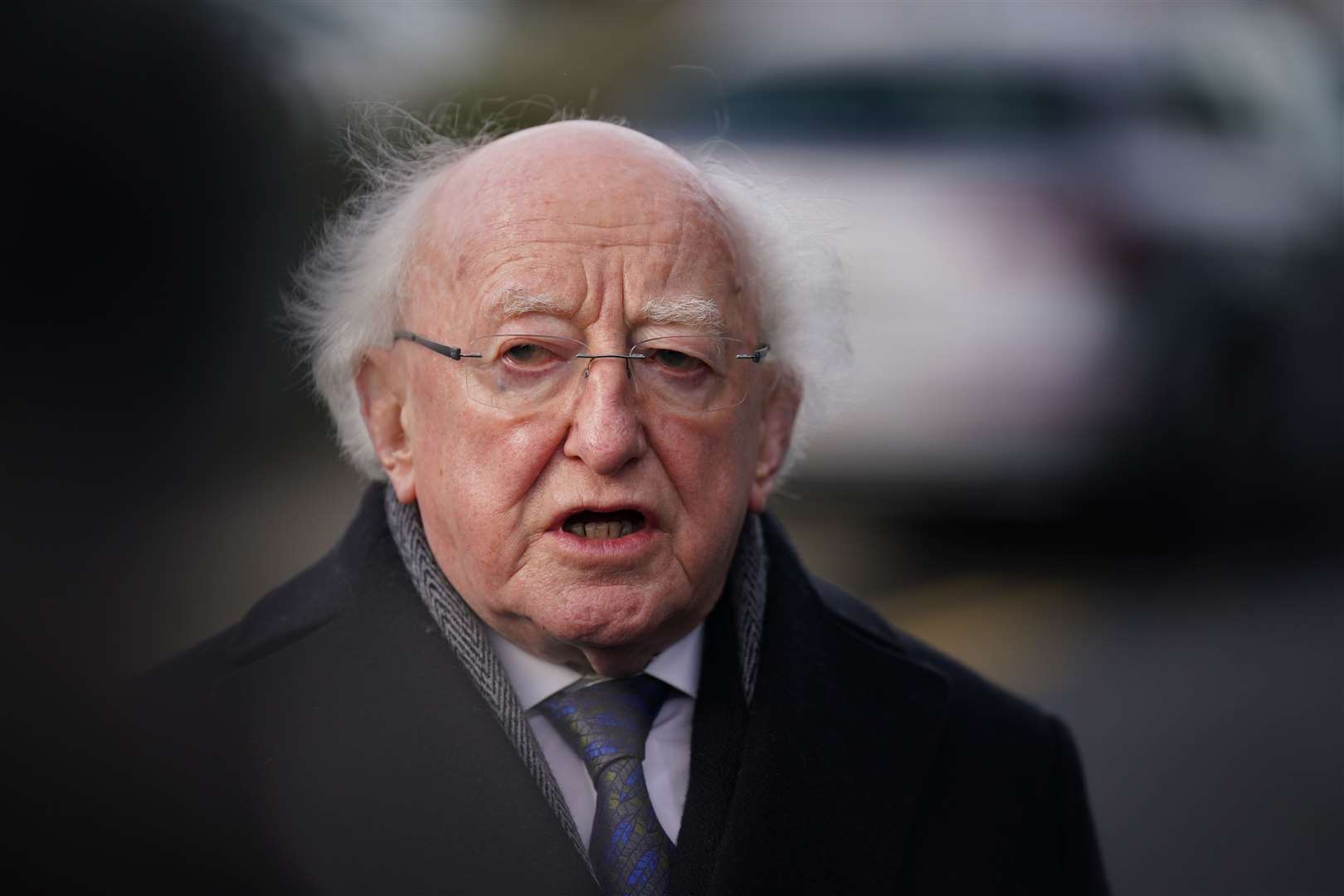 President Michael D Higgins outside St Michael’s Church, in Creeslough, after the funeral mass of Robert Garwe and his five-year-old daughter Shauna Flanagan-Garwe (Niall Carson/PA)