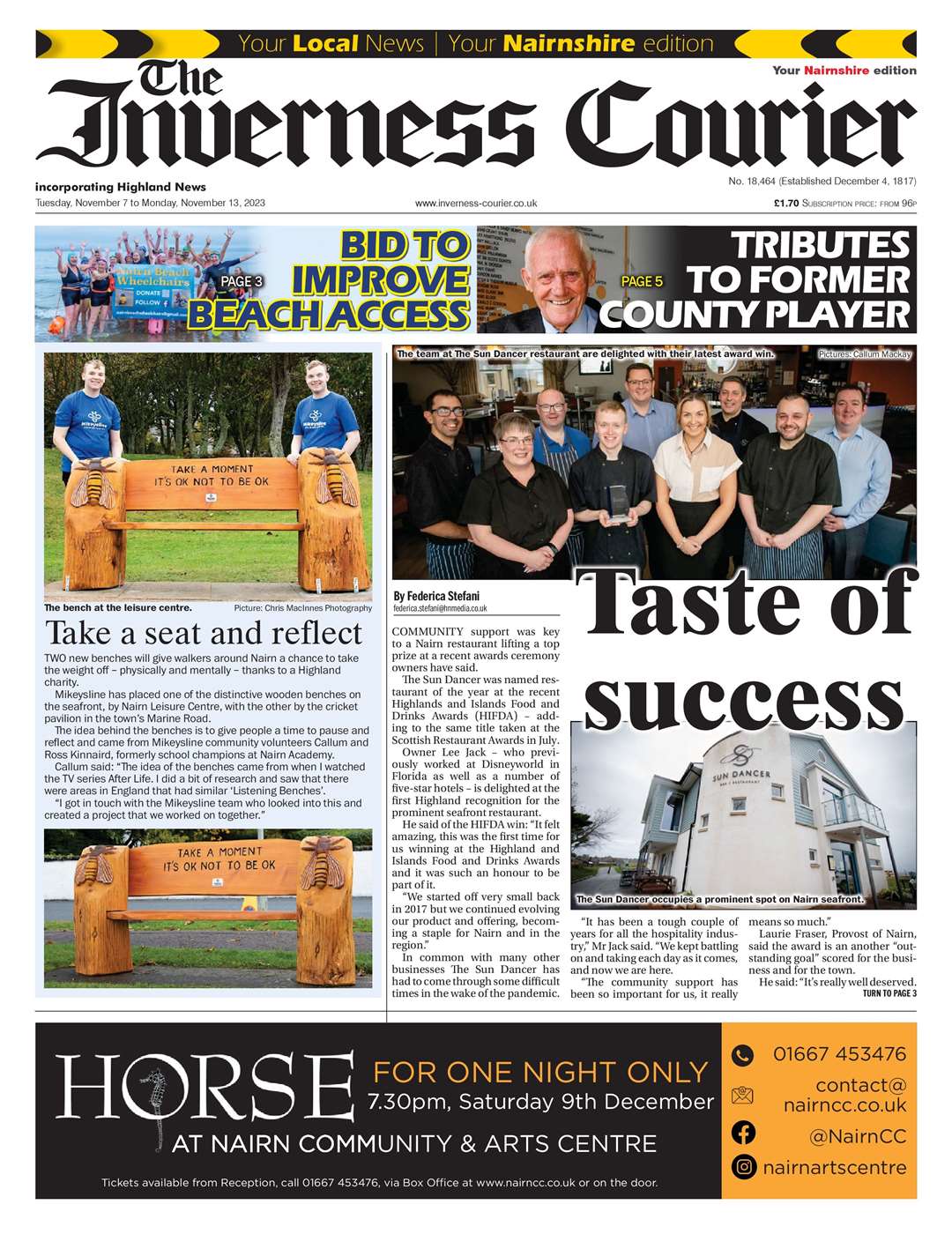 The Inverness Courier (Nairnshire edition), November 7, front page.