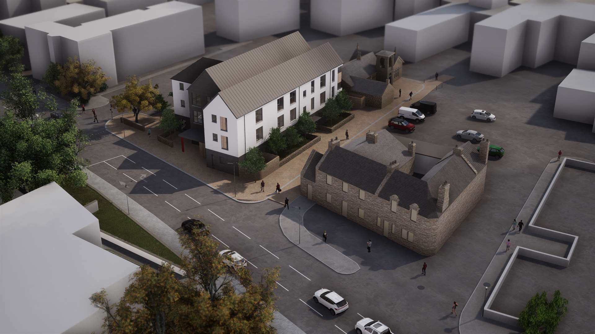 An aerial view of the new CAB office and flats.