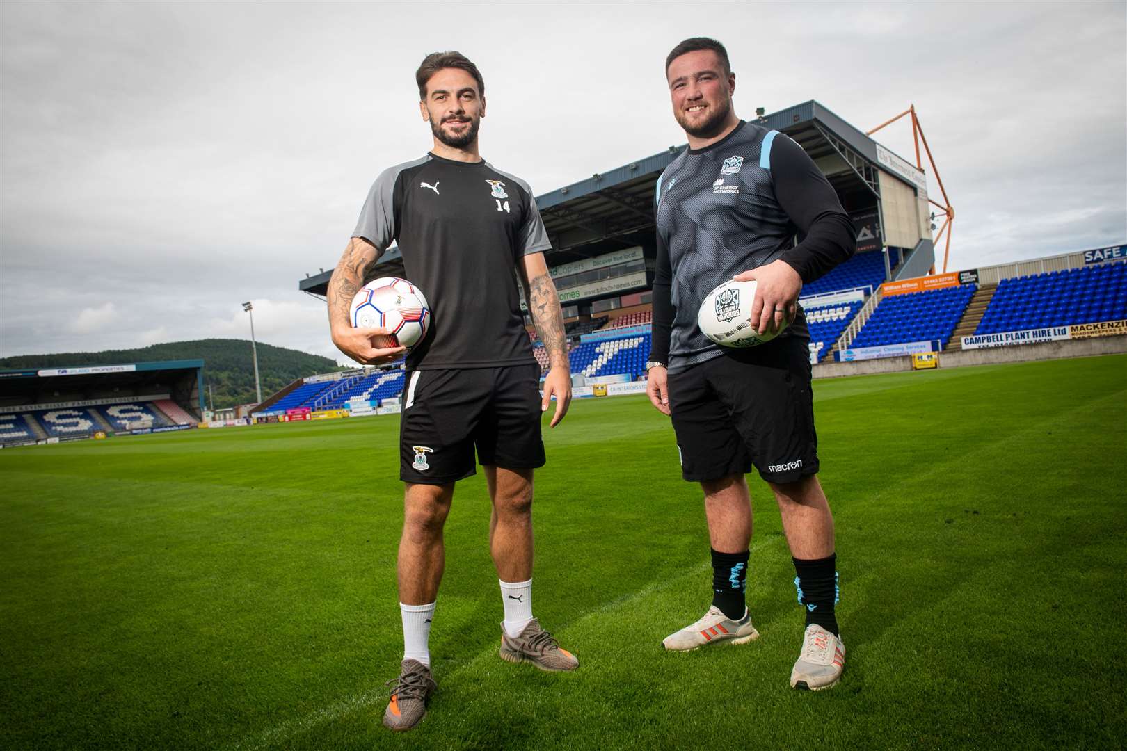 Caley Thistle striker George Oakley and Glasgow Warriors prop Zander Fagerson. Picture: Callum Mackay
