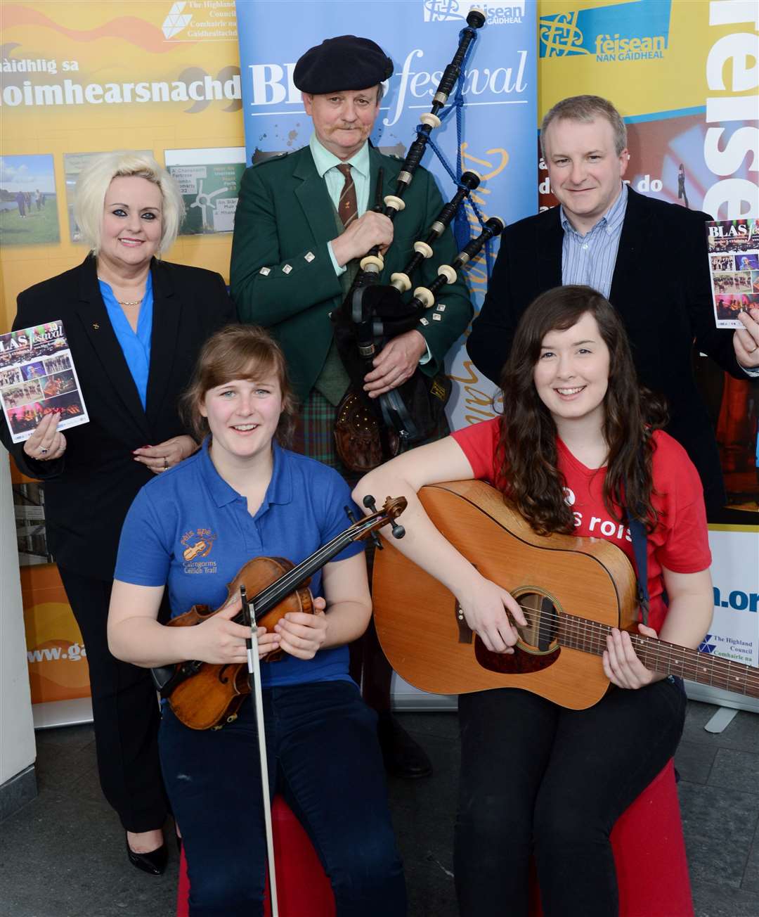 (back) Councillor Maxine Smith, piper Duncan MacGillivray and Arthur Cormack of Feisean nan Gaidheal .(front) Illona (correct) Kennedy of Feis Spey and Katie MacDonald of Feis Rois...BLAS festival launch..Picture: Alison White. Image No.024898.