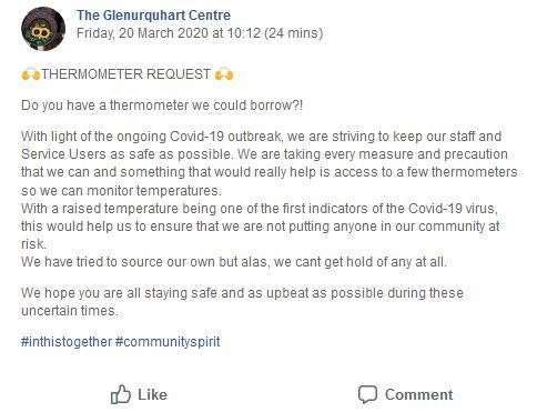 The post from the Glenurquhart Centre appealing for thermometers.