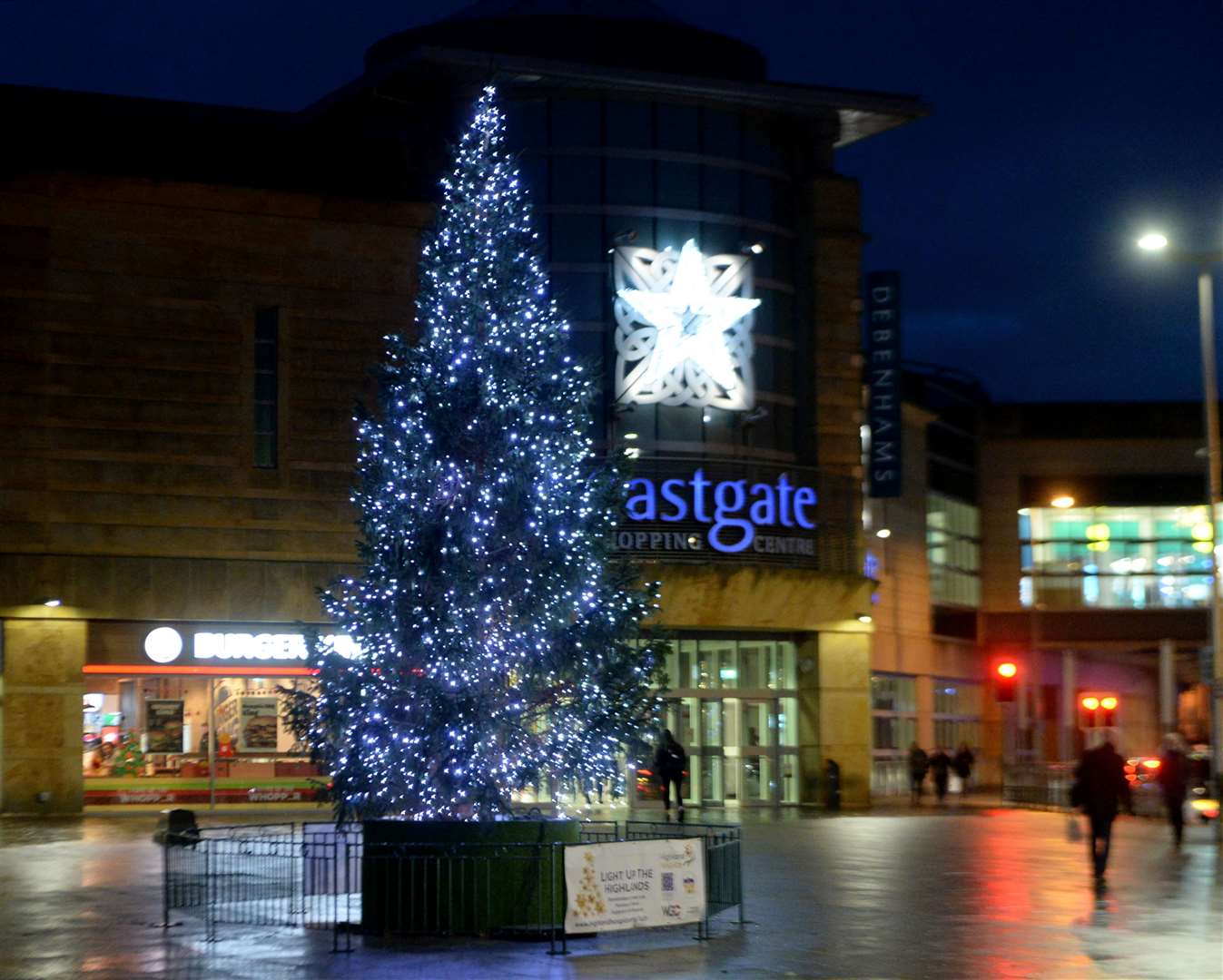 The Christmas tree in Falcon Square outside the Eastgate Shopping Centre.