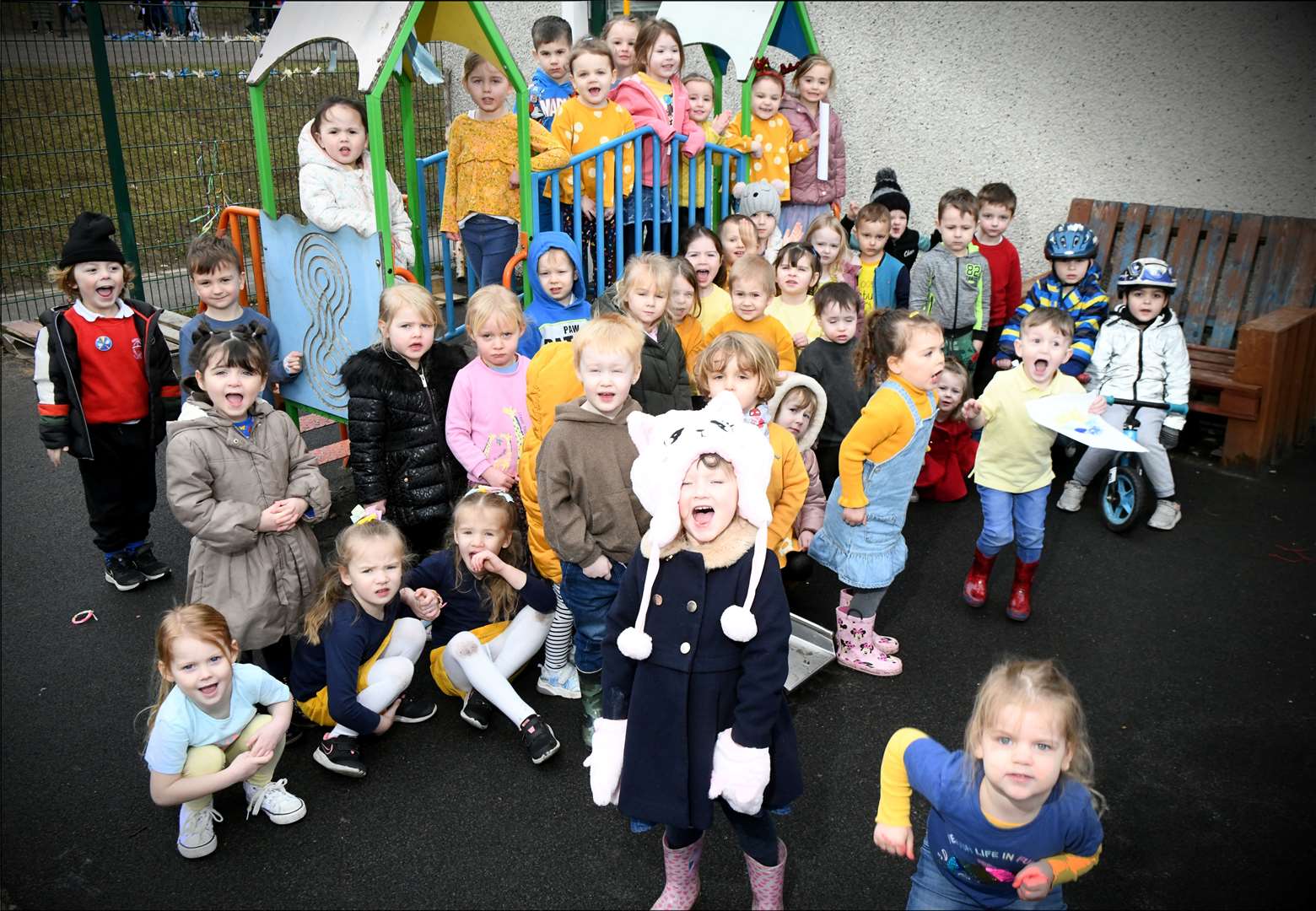Children at Kinmylies Primary School wore the colours of the Ukrainian flag – yellow and blue – as part of a sponsored walk to help Ukraine. Kinmylies Nursery. Picture: James Mackenzie