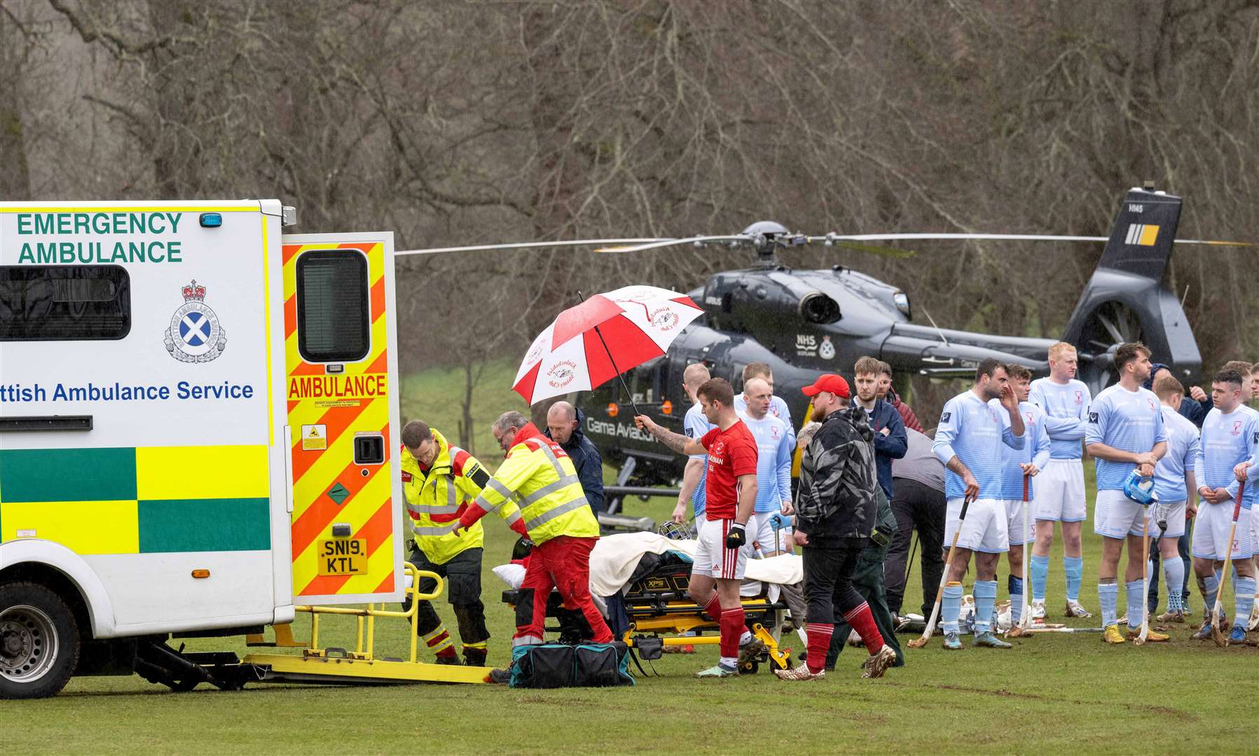 Referee Steven MacLachlan was moved to a waiting Ambulance on the pitch after collapsing at the Caberfeidh v Kinlochshiel iclash in the MacTavish Cup played at Castle Leod, Strathpeffer.Picture: Neil G. Paterson