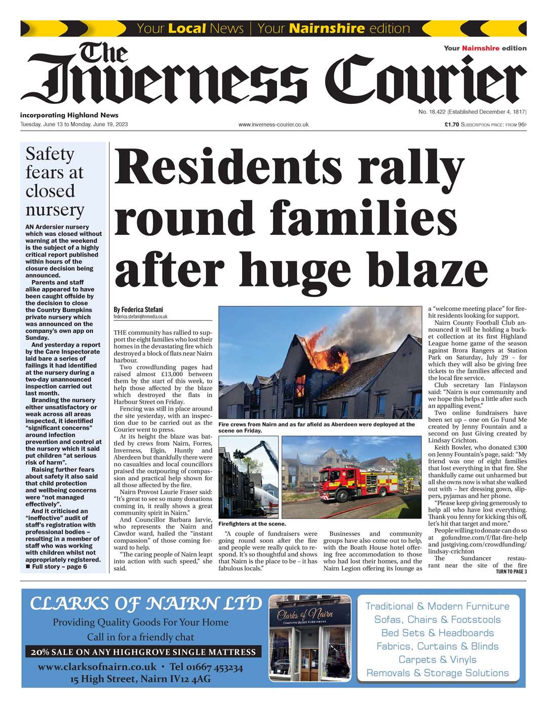 The Inverness Courier (Nairnshire edition), June 13, front page.