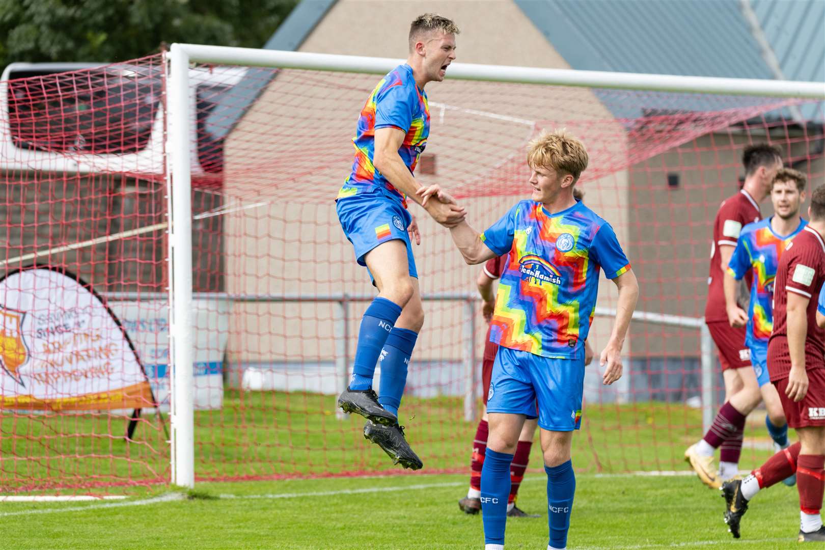 Nairn's Fraser Dingwall scoring the equaliser. ..Keith F.C. (3) v Nairn County F.C. (2), Highland Football League at Kynoch Park. ..Picture: Beth Taylor.