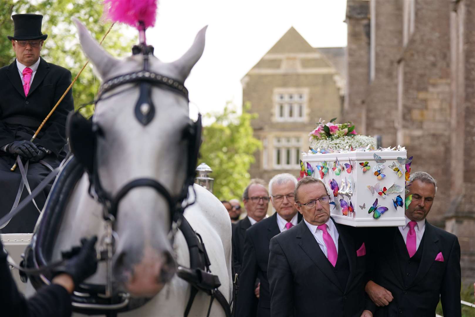 The pallbearers wore bright pink ties to match the pink feathers on the heads of the white horses (Joe Giddens/PA)