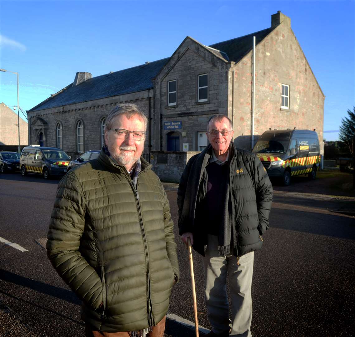 Green Hive’s Simon Noble and Ninian Coggs, Convener of Nairn Seaman’s Hall Trustees outside Seaman’s Hall. Picture: James Mackenzie