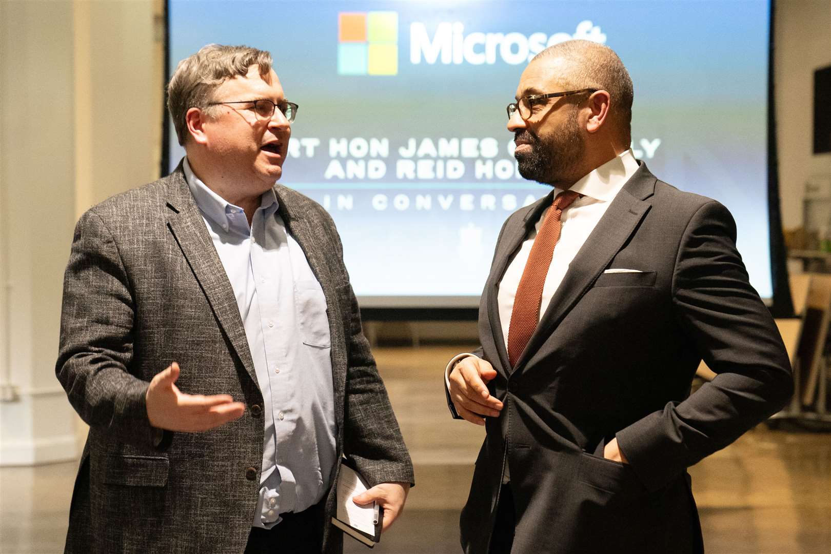 Home Secretary James Cleverly (right) holds a Q&A with American internet entrepreneur, venture capitalist, podcaster, author and LinkedIn co-founder, Reid Hoffman at Microsoft offices in San Francisco (Stefan Rousseau/PA)