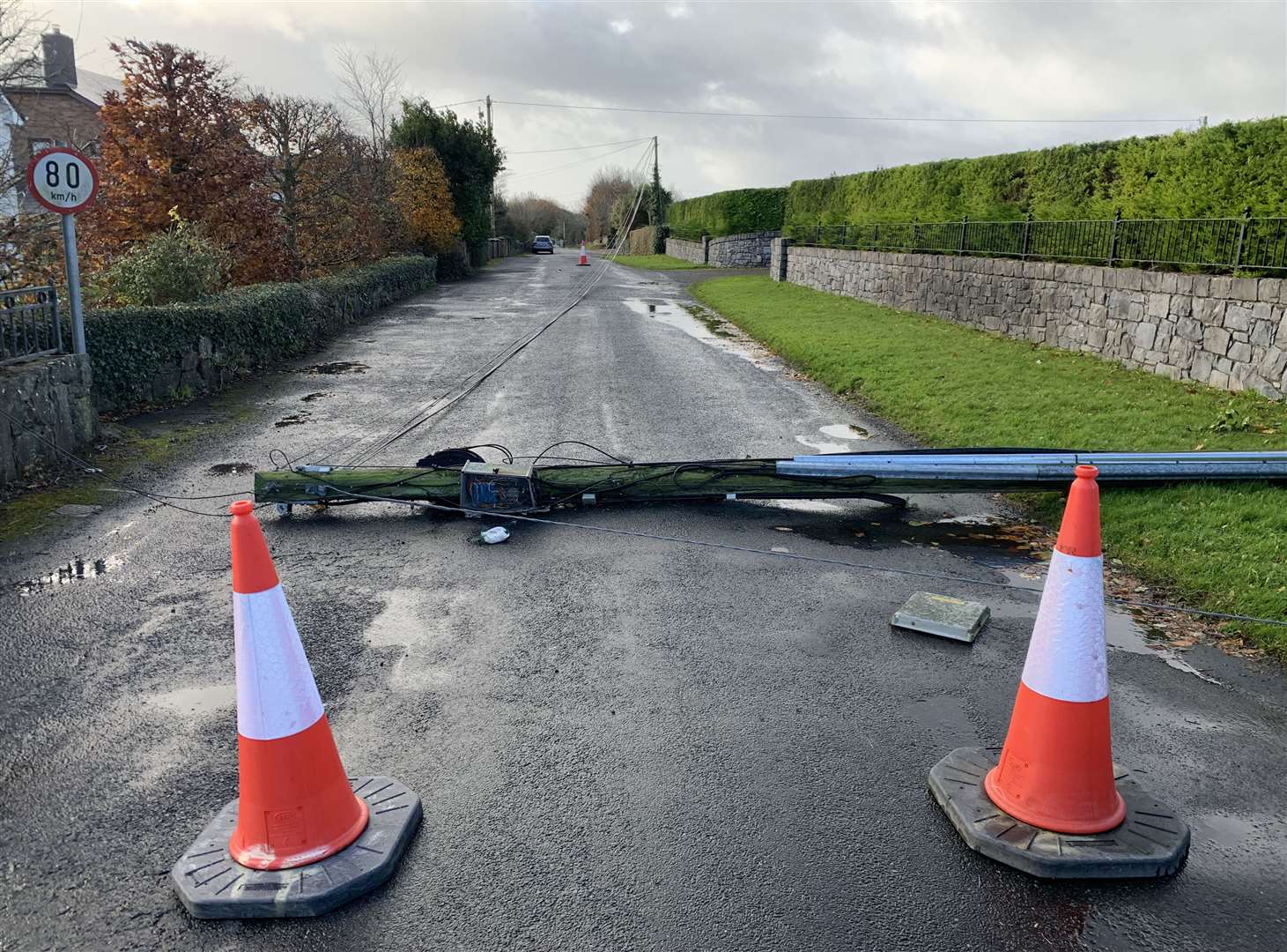 A telegraph pole down on the Maree Rd, Oranmore, Co Galway after Storm Debi swept across the area (Ed Carty/PA)