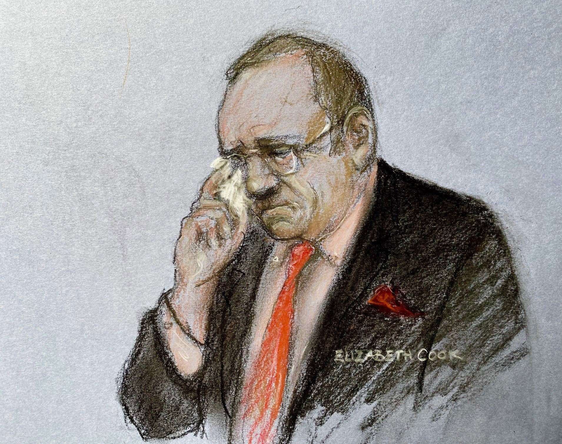 Court artist drawing as actor Kevin Spacey wipes tears from his eyes as he found not guilty of sexually assaulting four men (Elizabeth Cook PA)