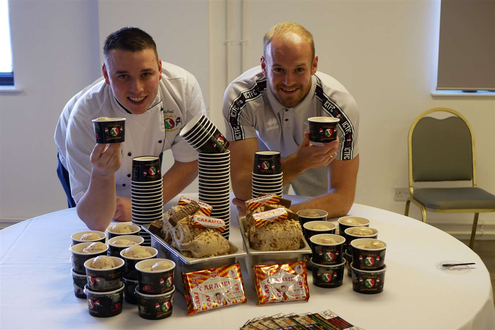 Michael Miele (left) and Caley Thistle FC goalkeeper Mark Ridgers with the Tunnock's Caramel Wafer flavoured ice cream.