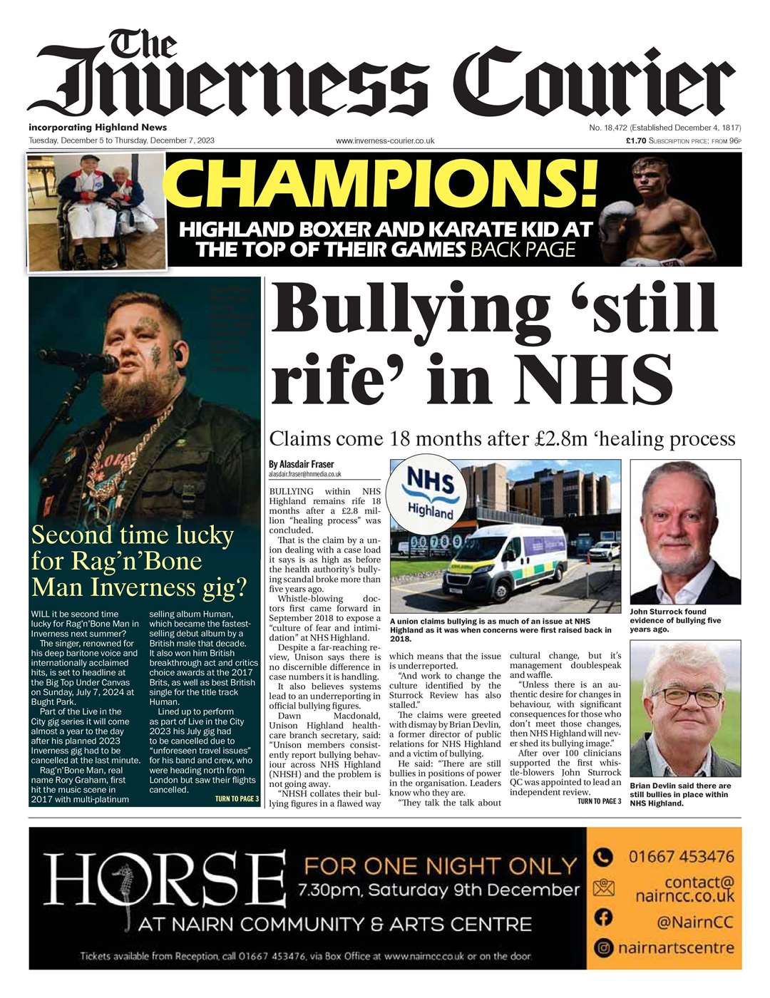 The Inverness Courier, December 5, front page.