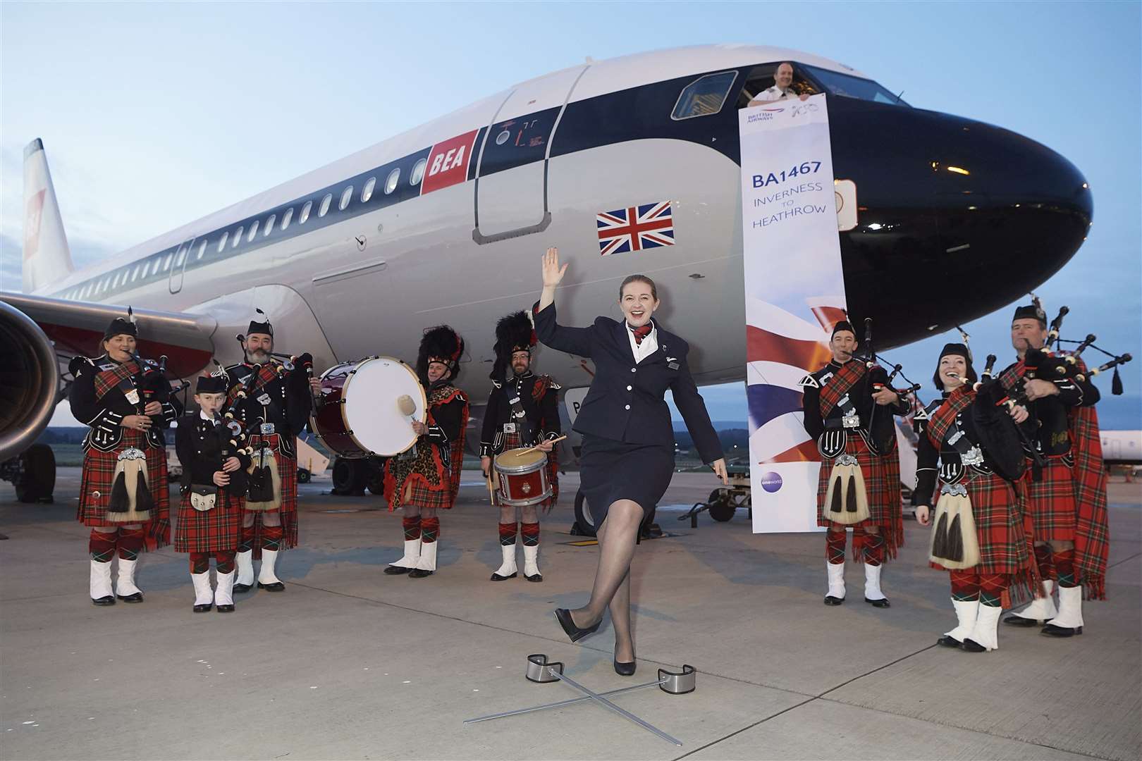 BA 's first early morning Heathrow Flight in 22 years was given a send of by the pipers of the Royal British Legion, Inverness.