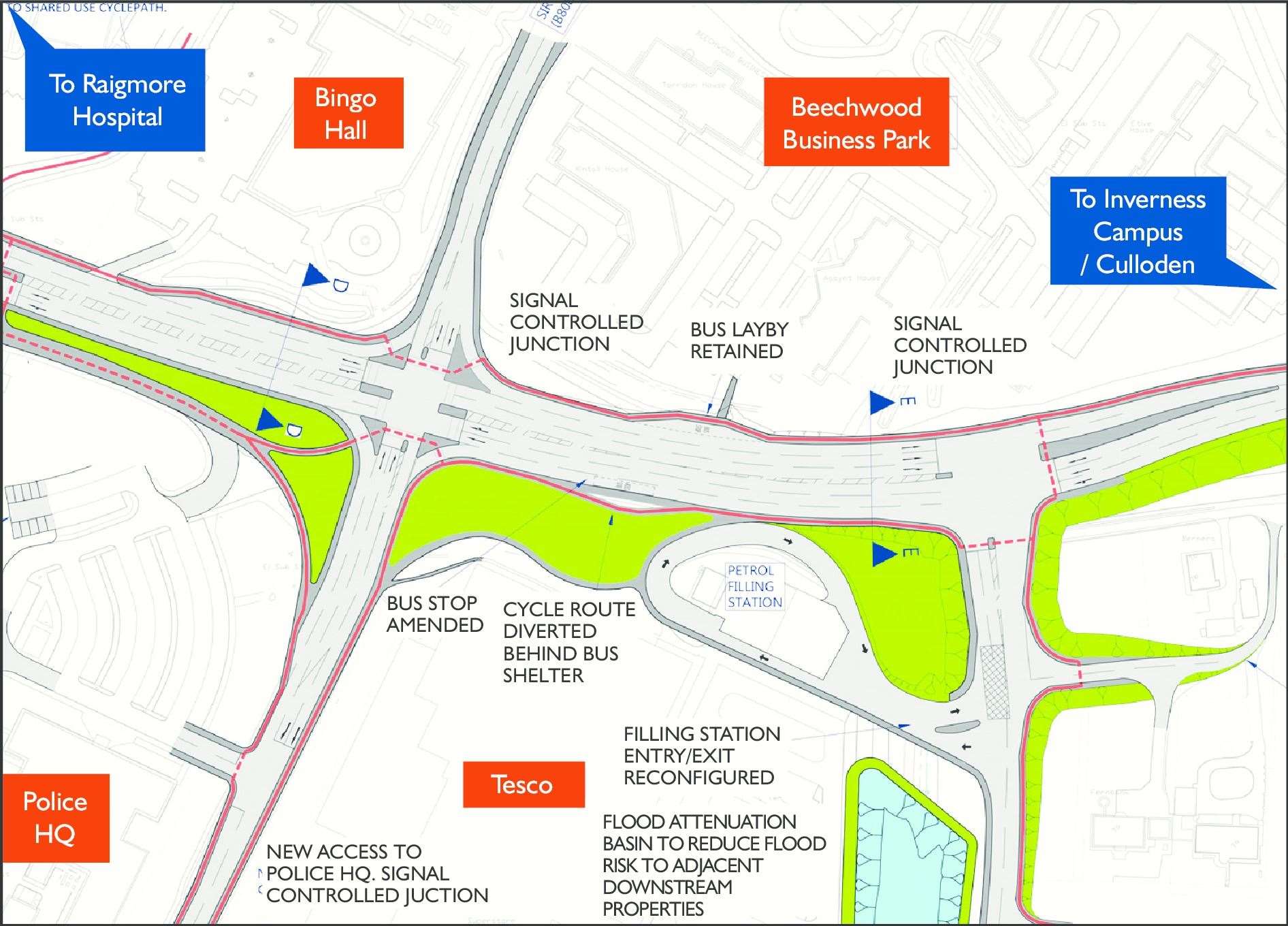 The draft plan for changes at Inshes roundabout which is being reviewed.