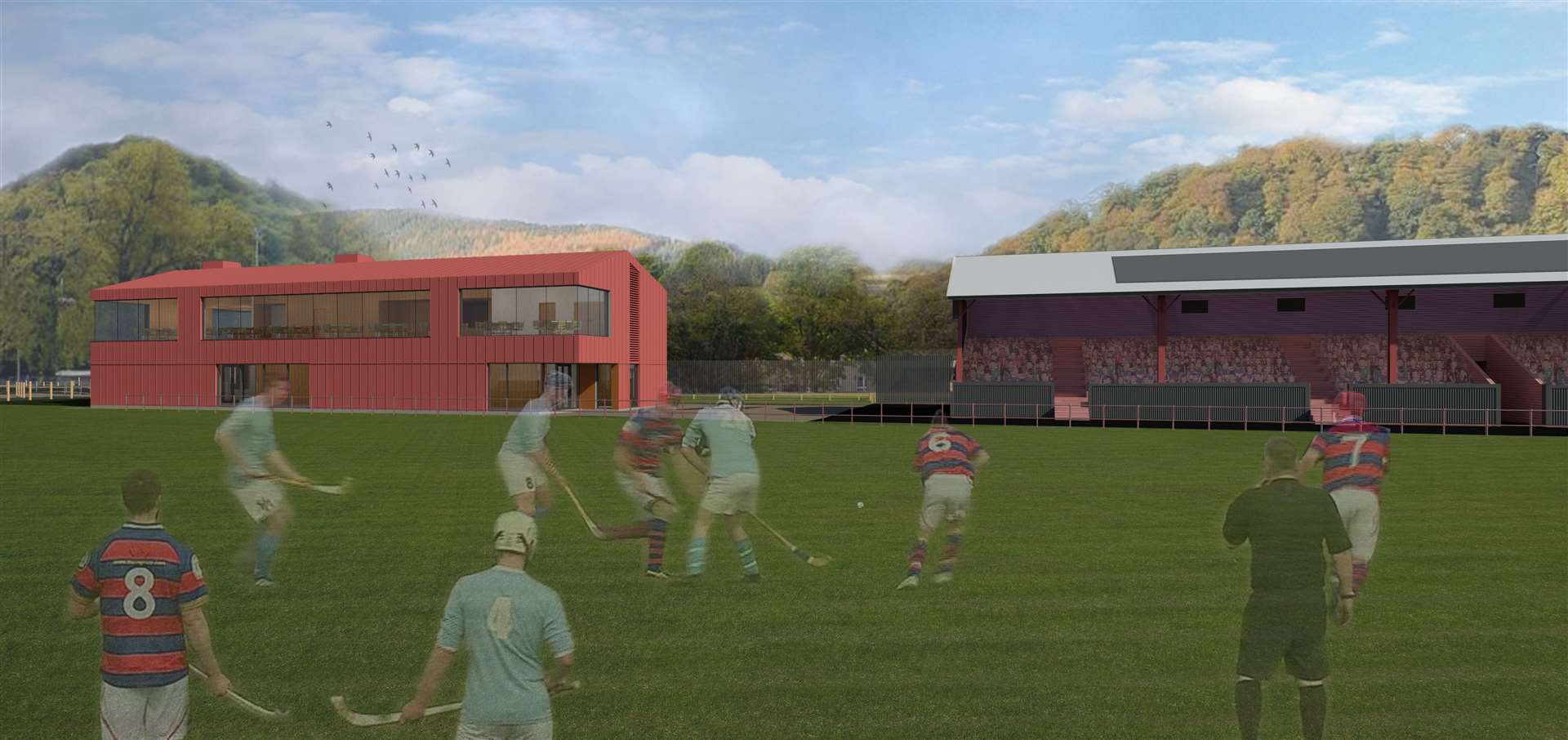 Artist Impression only (colour of pavilion cladding to be decided), view from shinty pitch to grandstand and new sports pavilion. Picture: The Highland Council Design consultancy.