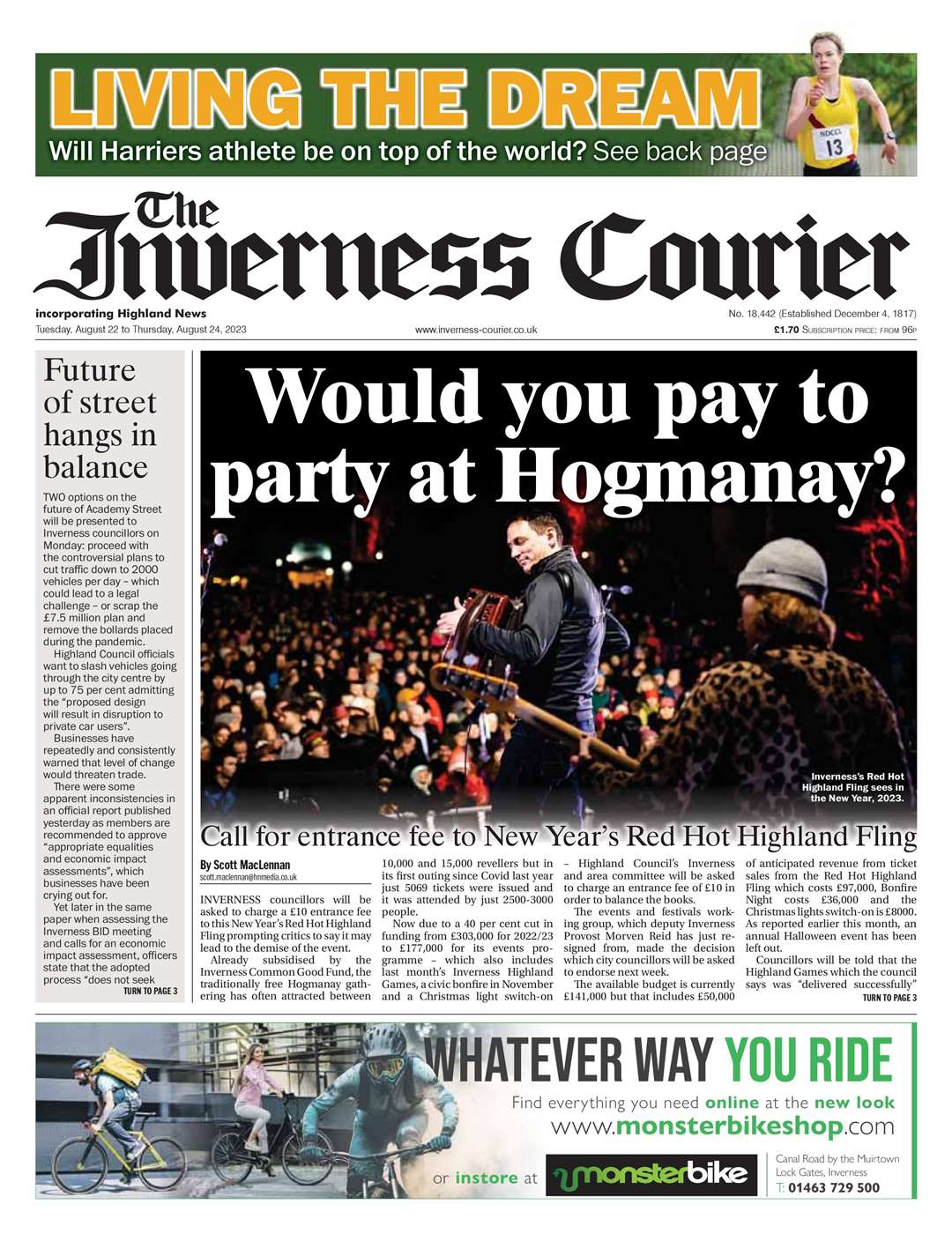 The Inverness Courier, August 22, front page.