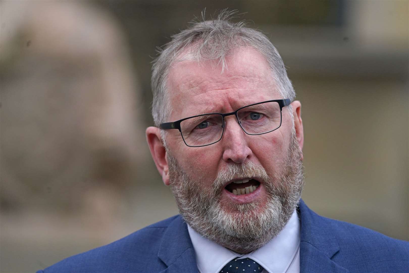 Doug Beattie, leader of the Ulster Unionist Party speaks to the media outside Stormont Castle (Brian Lawless/PA)