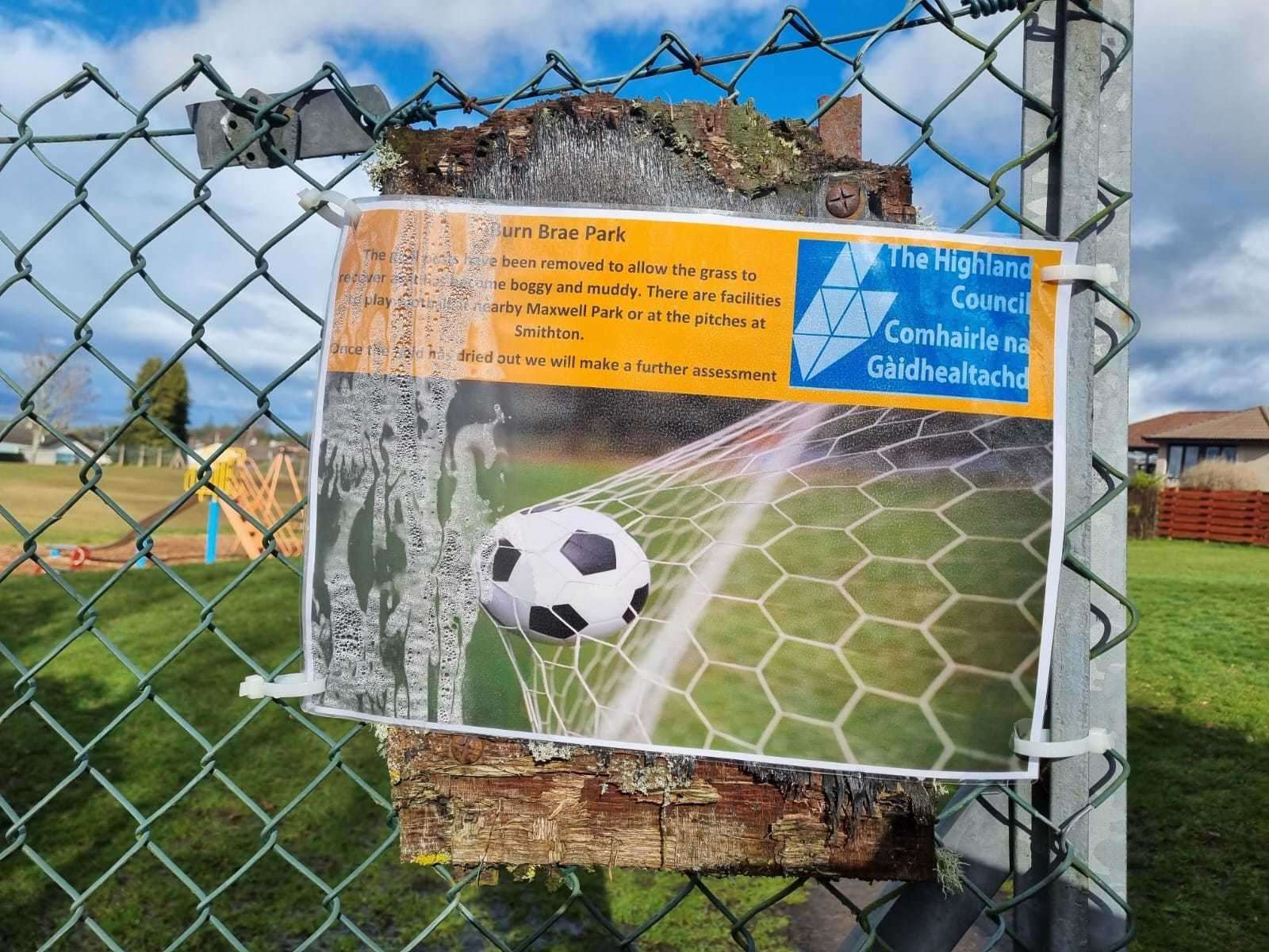 The sign at Burn Brae Park when the goalposts were removed in March.