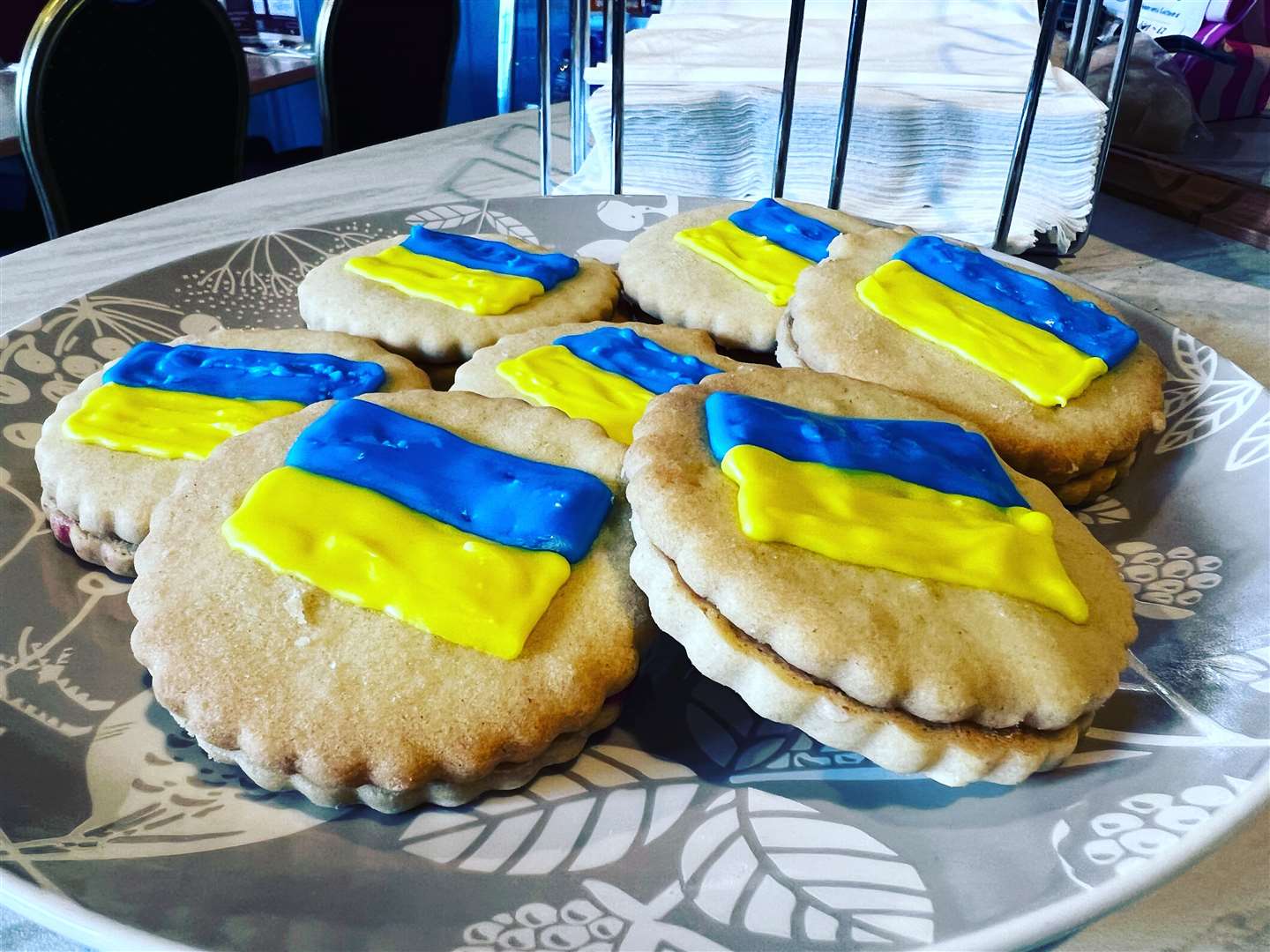 Millionaire shortbread in the Inverness Cathedral cafe which are decorated with the Ukrainian flag.