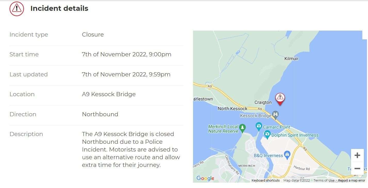 The Kessock Bridge is closed due to a police incident.