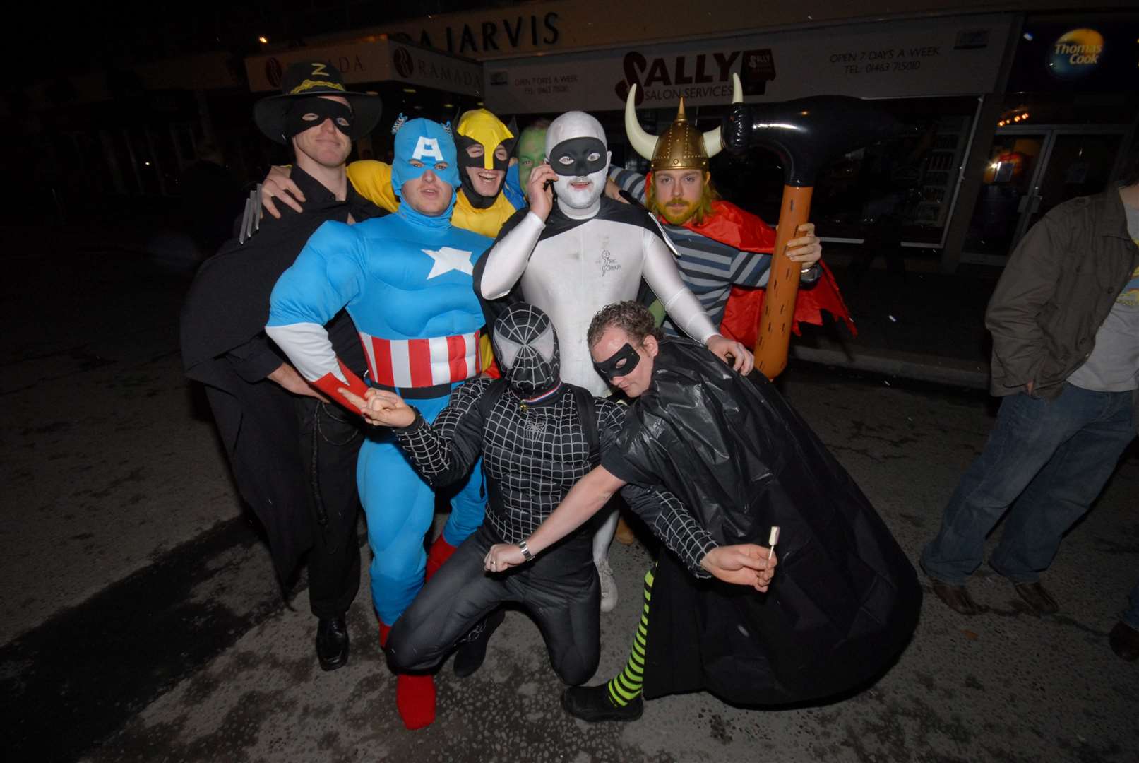 See: Copy By: .Cityseen,Stag night out on the town for Stuart Woodrow(centre,sperm or in white!!) and his action hero team.Pic By Gary Anthony..SPP Staff.Photographer.