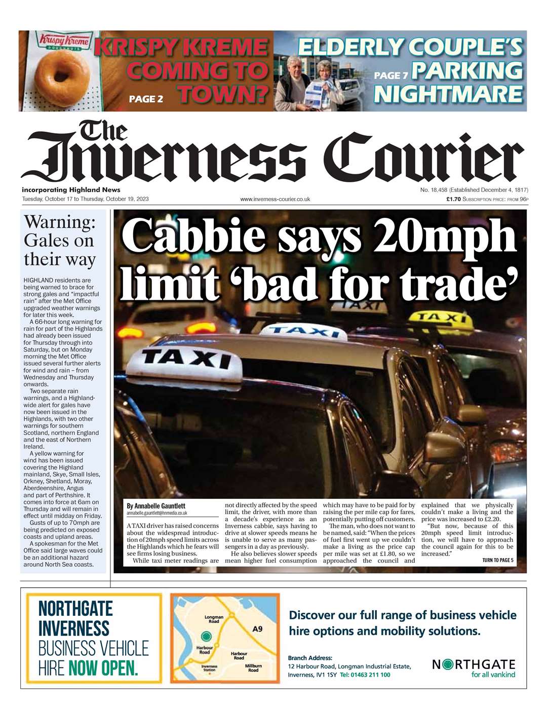 The Inverness Courier, October 17, front page.