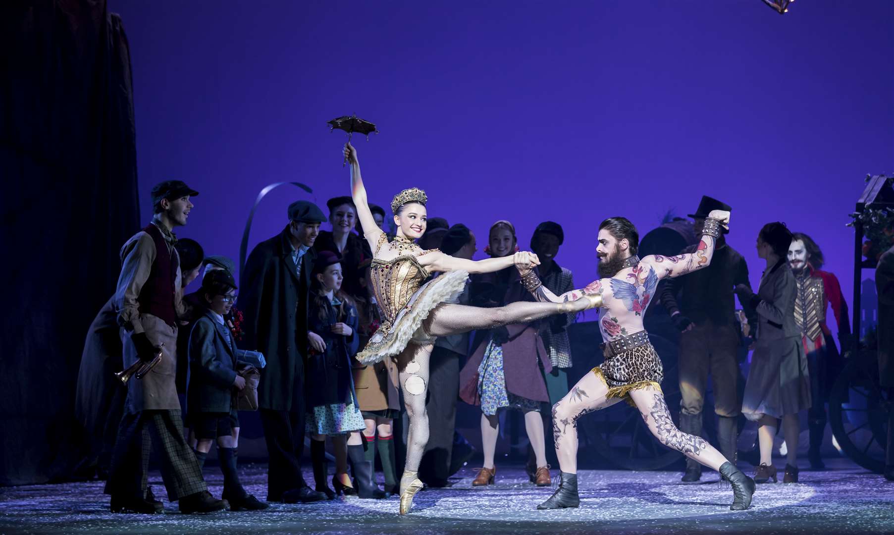Alice Kawalek (centre left) as a ballerina and Evan Loudon as the strong man. Picture: Andy Ross