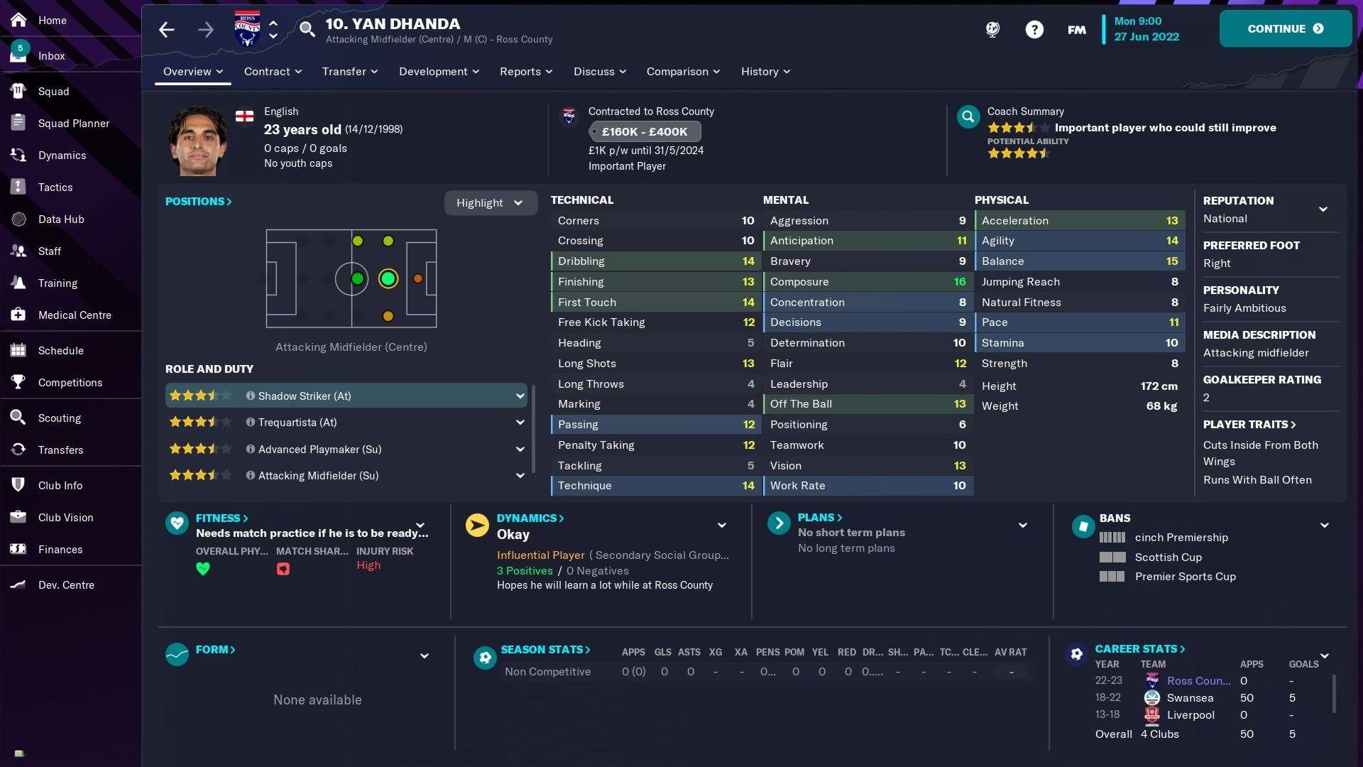 County midfielder Yan Dhanda's attributes at the start of a save on Football Manager 2023.