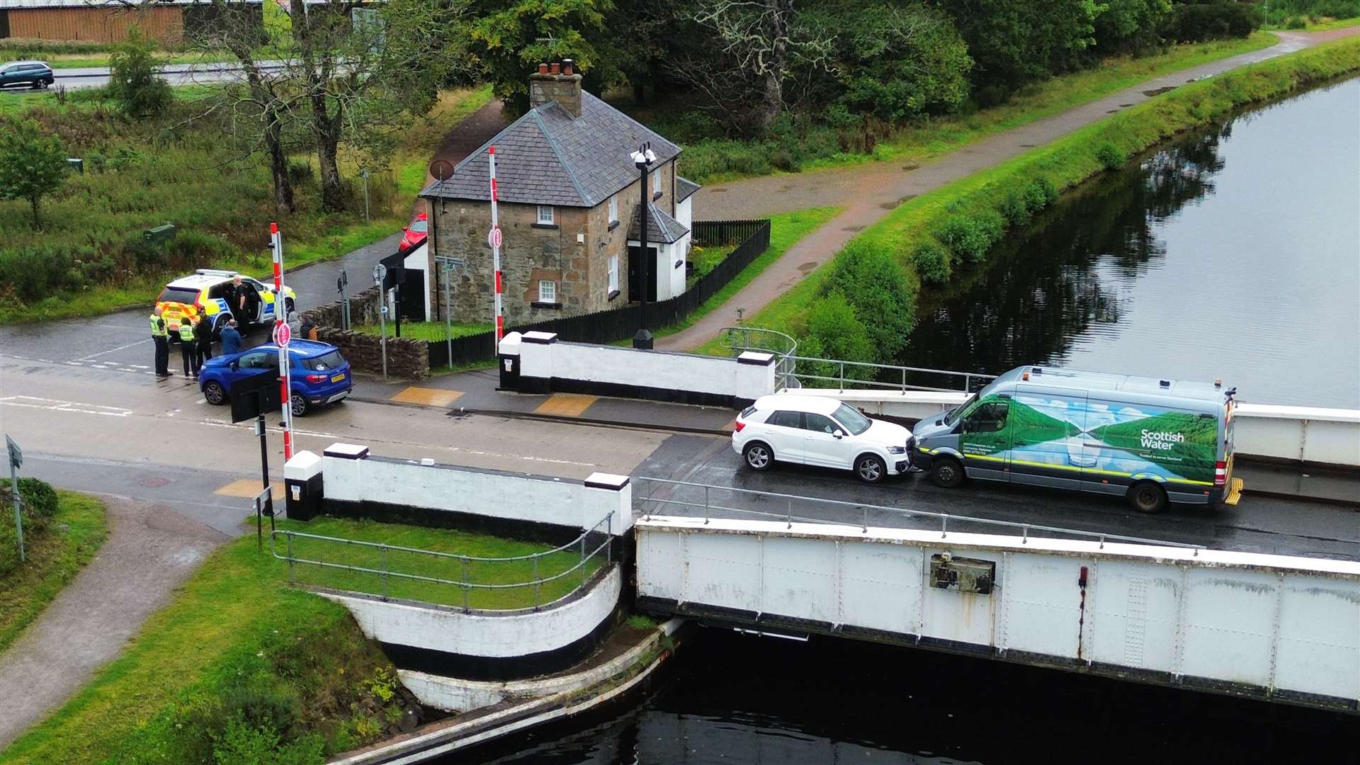 The scene of the two-vehicle crash on Tomnahurich swing bridge in Inverness.