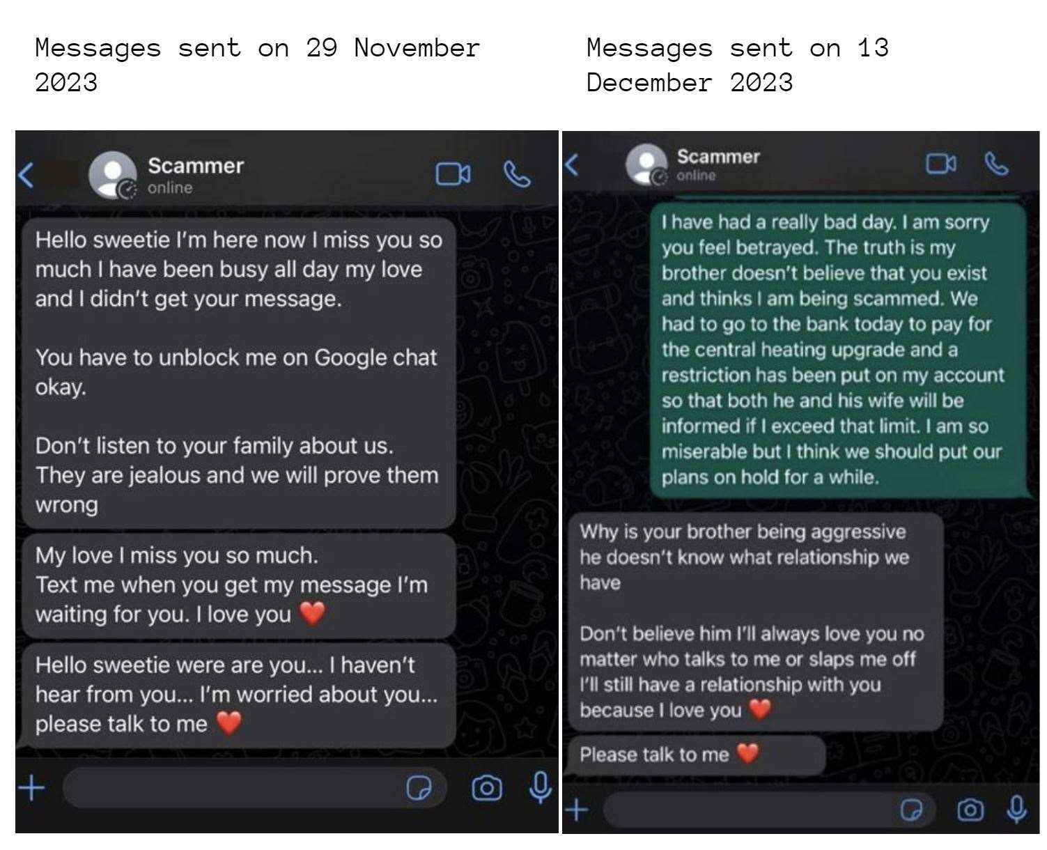 A mock-up of messages sent to an 83-year-old woman who was duped out of more than £20,000 (Greater Manchester Police/PA)