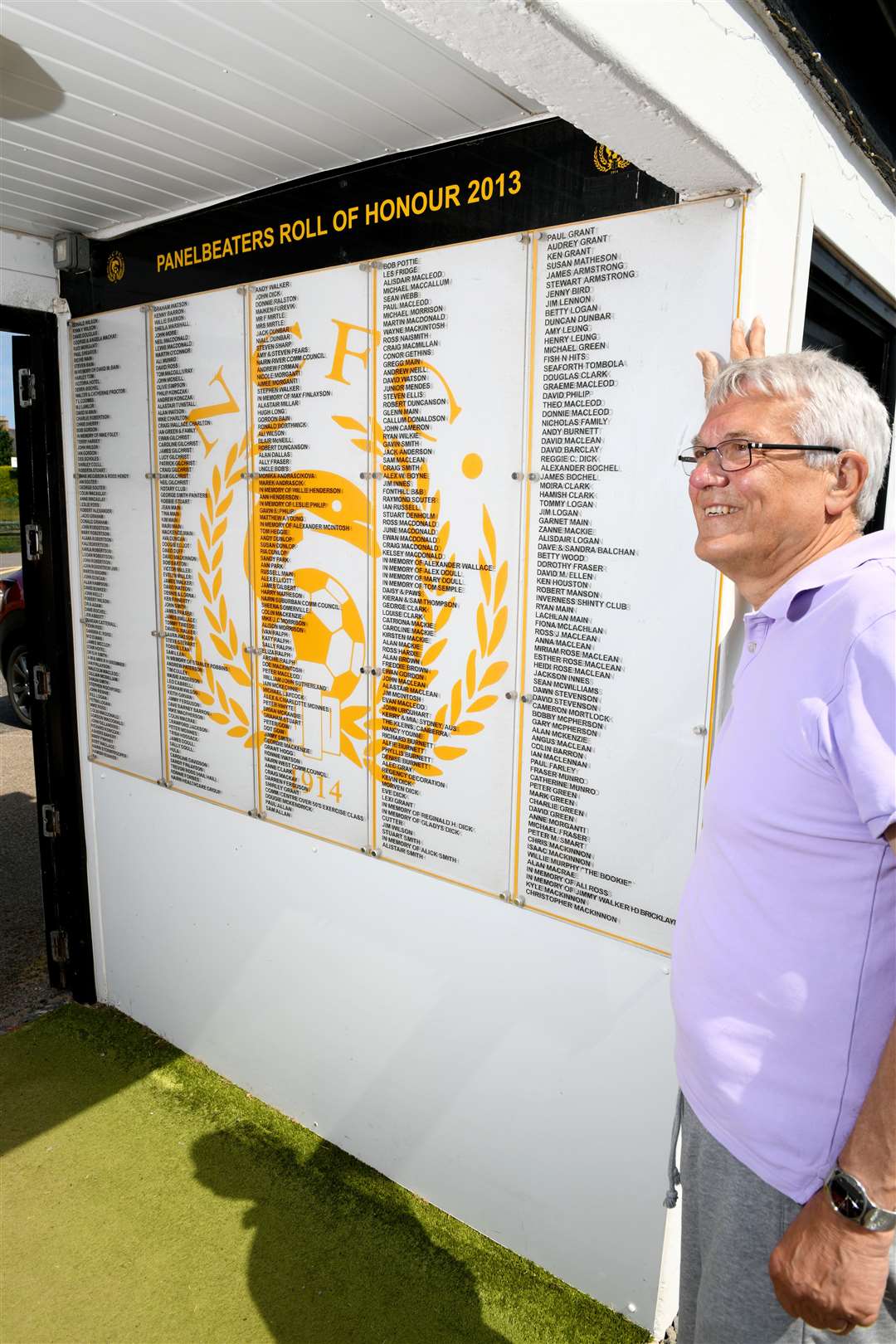 Panelbeaters Roll of Honour with organiser Donald Wilson. Over 500 people subscribed in a fund raising effort over 7 years which generated £100,000 for ground improvements. Picture: James Mackenzie.