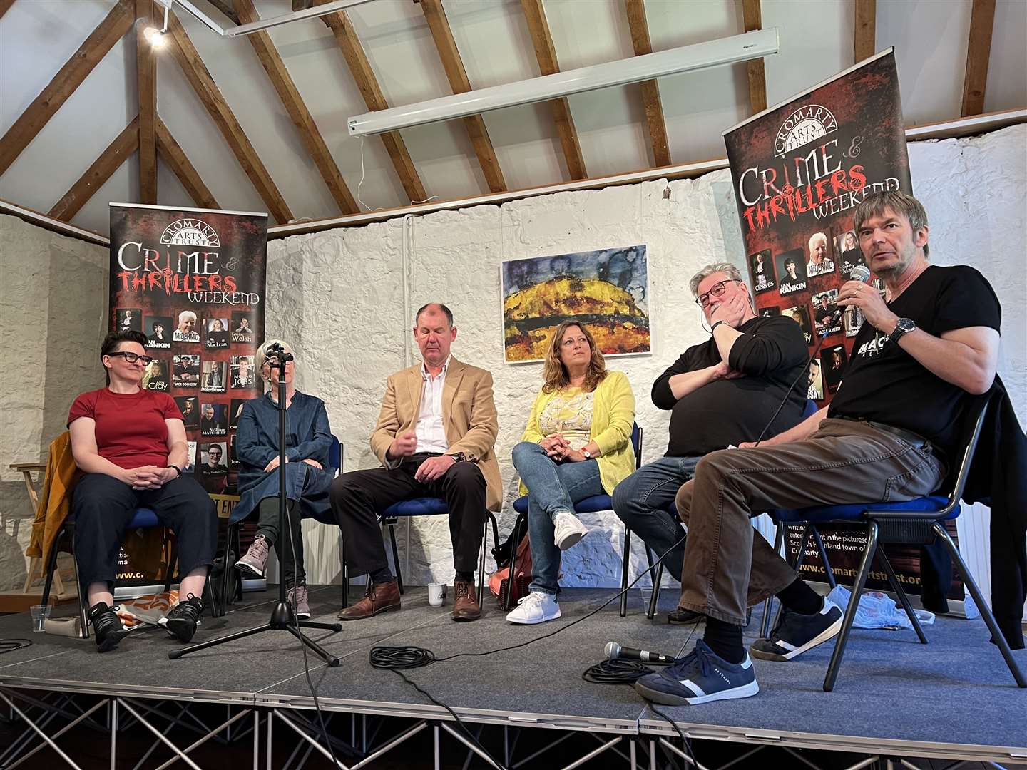 The Desert Island Books - or was that Crooks - panel. From left - Mary Paulson-Ellis, Nicola White, Matt Johnson, Elly Griffiths, Alex Walters and Ian Rankin. Picture: Georgia Macleod.