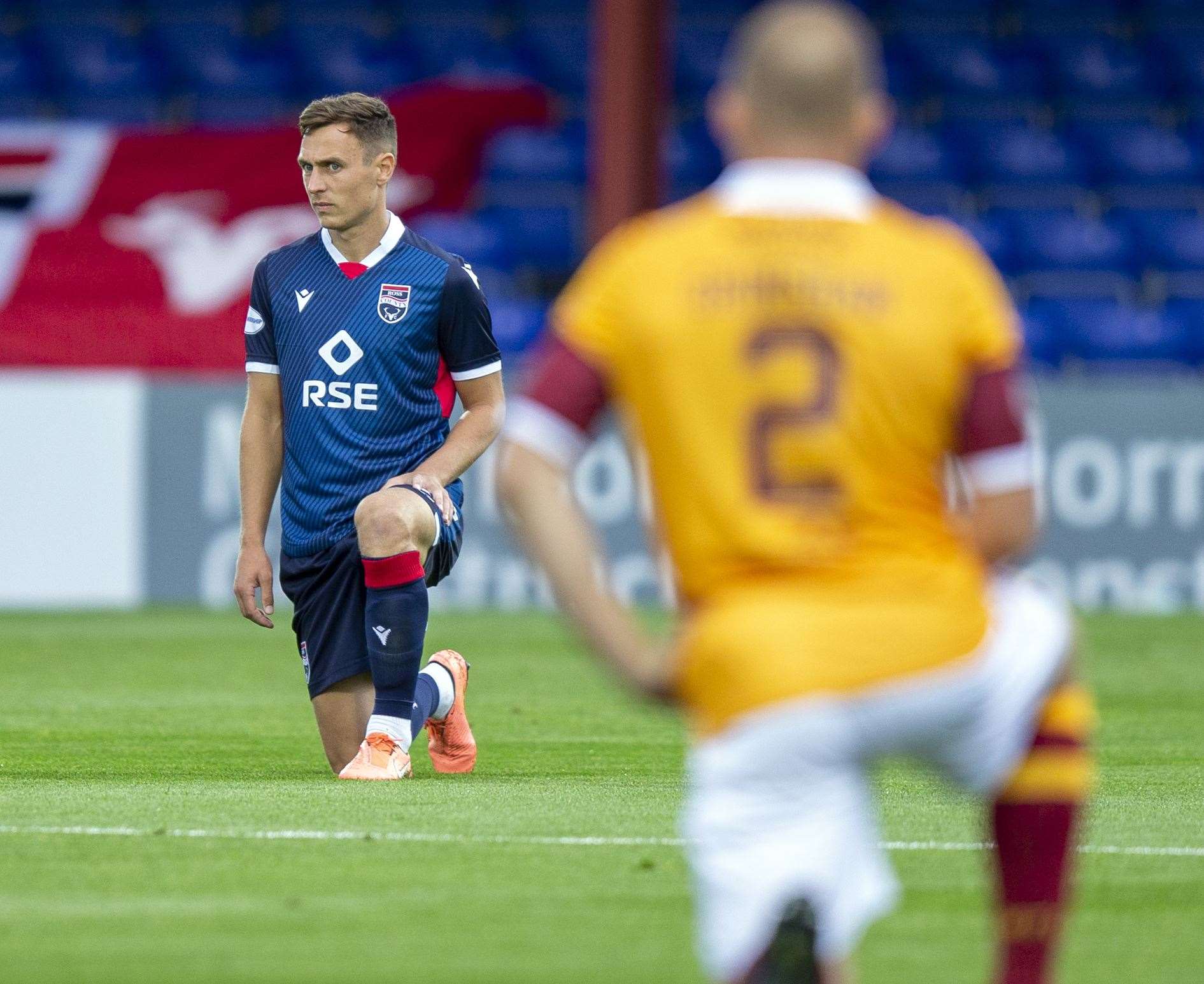 Top professionals in Scotland have taken the knee against racism generally in sport and are now focussing their campaign on prevalent social media discrimination and abuse. Here, Ross County's Jordan Tillson makes the gesture ahead of a match against Motherwell. Picture: Ken Macpherson.