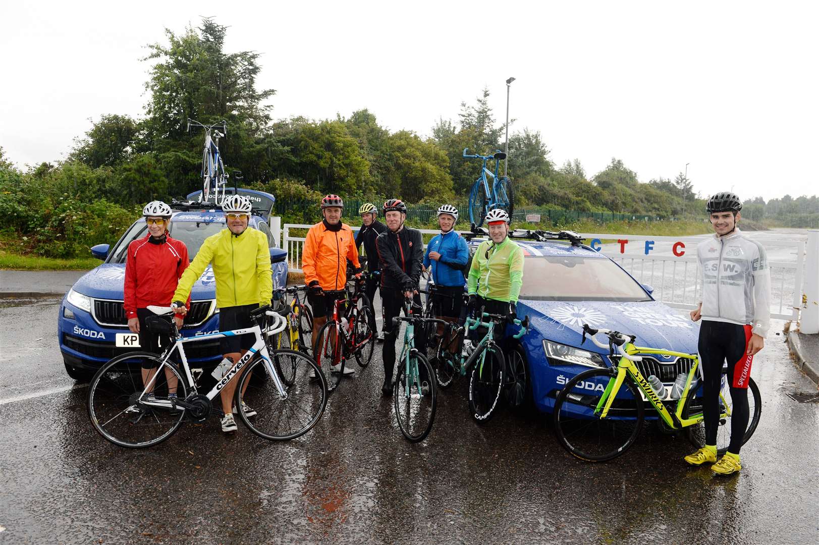Pippa York joins local cyclist in the latest leg of Robin Young's tour of Britain..Pippa York and Robin Young(left) with local cyclist before leaving Tulloch Stadium..Picture: Gary Anthony..