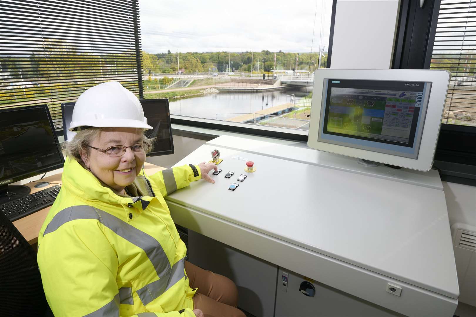 Cllr Trish Robertson in the control room for the swing bridges. Photo by Ewen Wetherspoon, photographer EW Photo.